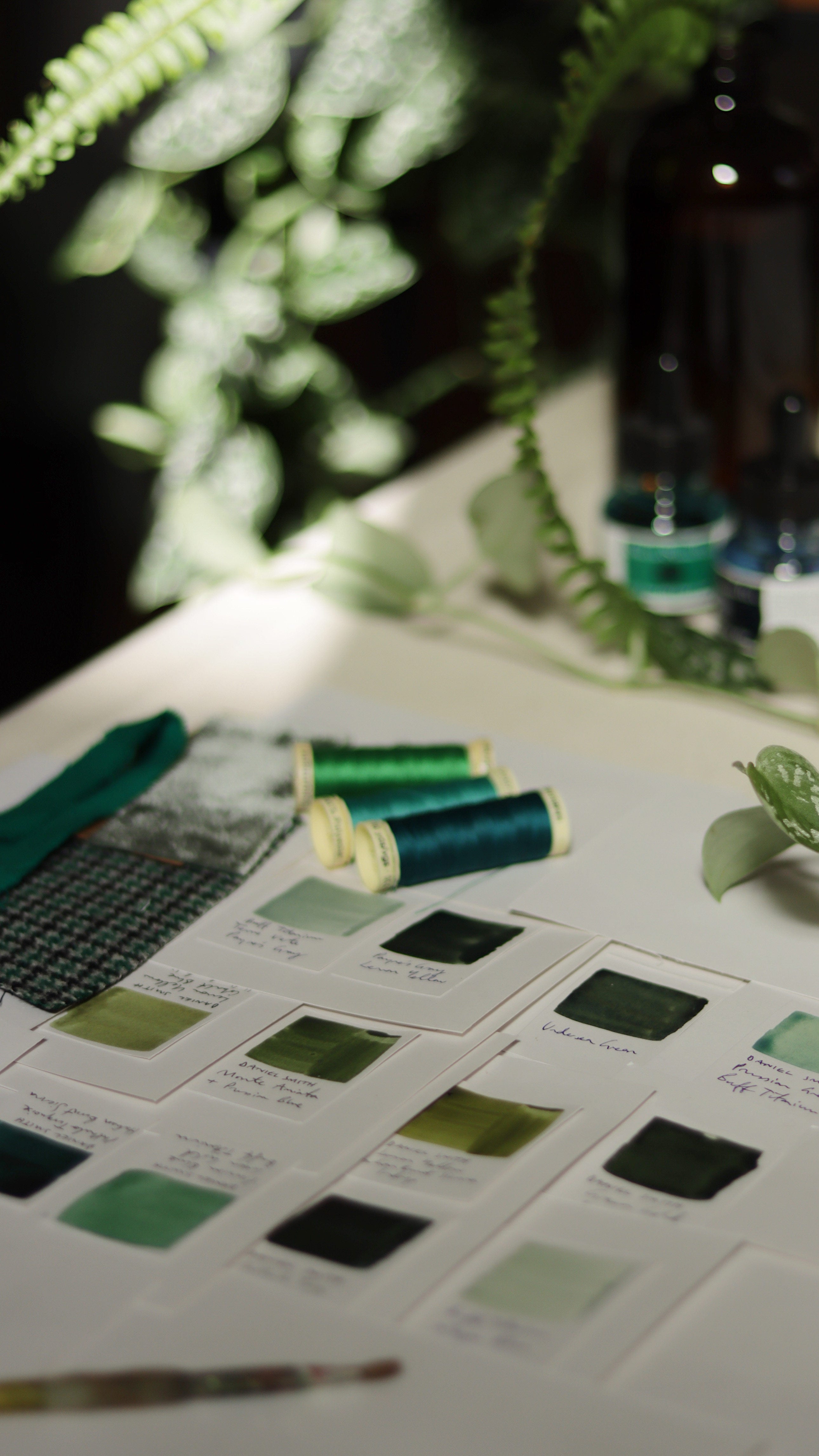 Green Colour swatches in artist Aimee Johanan's creative studio space with green thread on a table with plants in the background