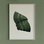 Dark leafy green abstract artwork in a thin white oak wooden frame on a sage green wall