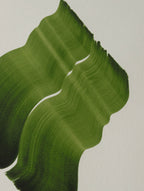 Green abstract painting, fine art print. Close-up detail shot of the high quality print, the textured bamboo paper, the curved shape and pattern, vibrant colours and fine detail.