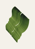 Green abstract painting with a flowing botanical leaf-like shape, on a cream background