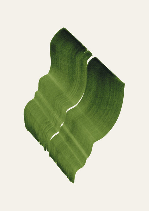 Green abstract painting with a flowing botanical leaf-like shape, on a cream background