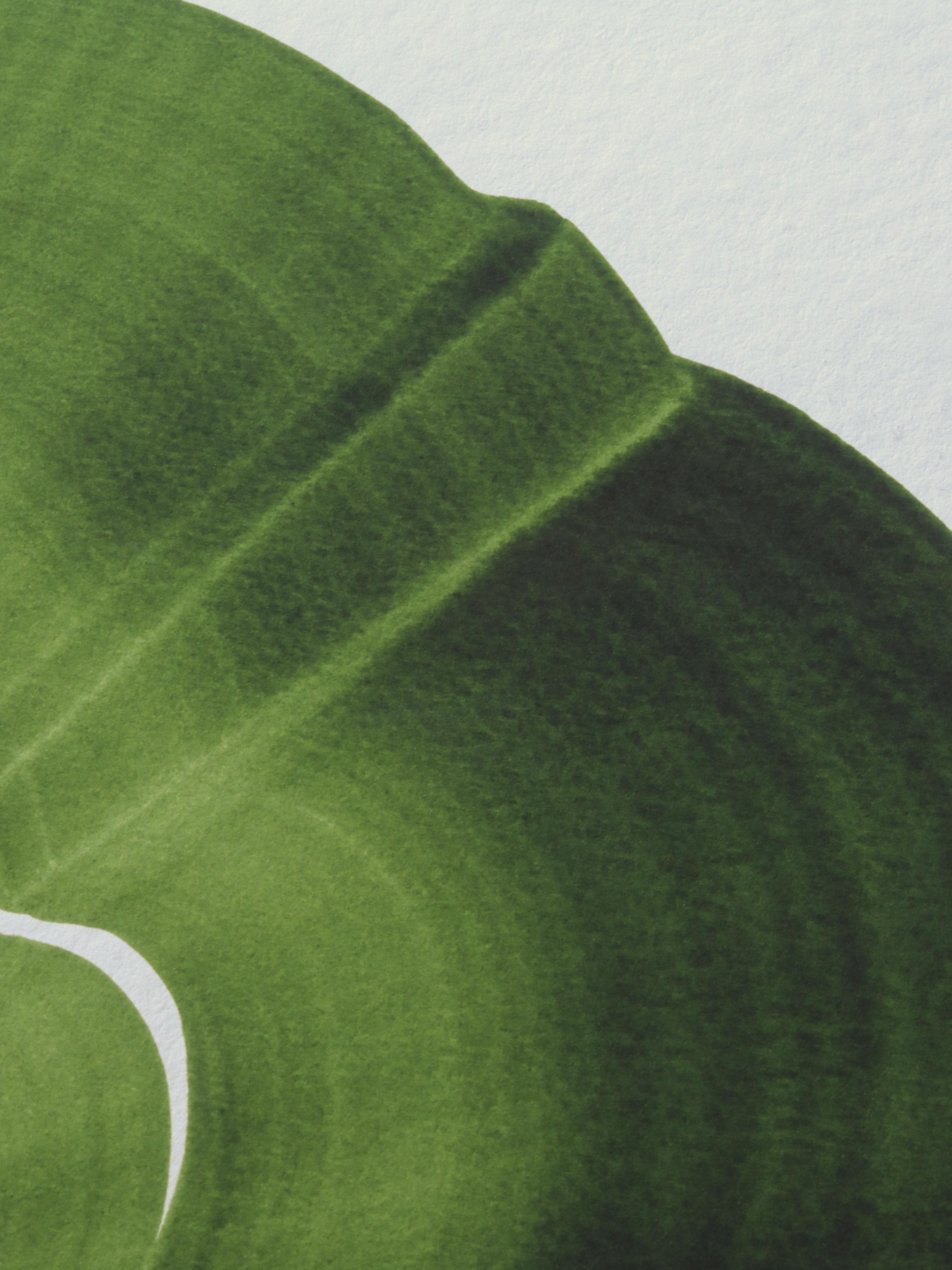 Green abstract painting, fine art print. Close-up detail shot of the high quality print, the textured bamboo paper, the curved shape and pattern, vibrant colours and fine detail.