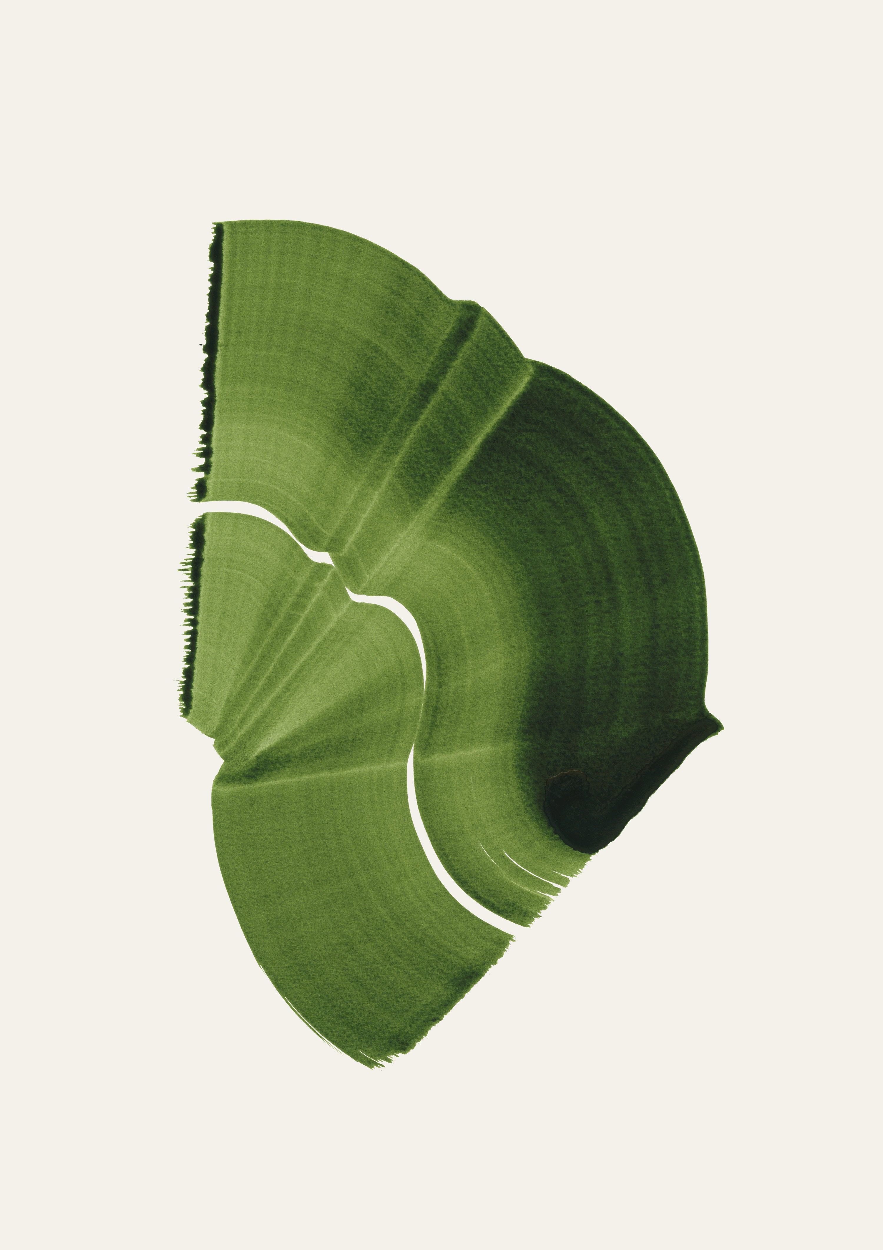 Green abstract painting with a flowing botanical leaf-like shape, on a cream background