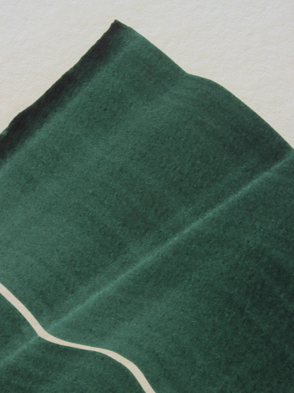 Dark green abstract painting, fine art print. Close-up detail shot of the high quality print, the textured bamboo paper, the curved shape and pattern, vibrant colours and fine detail.