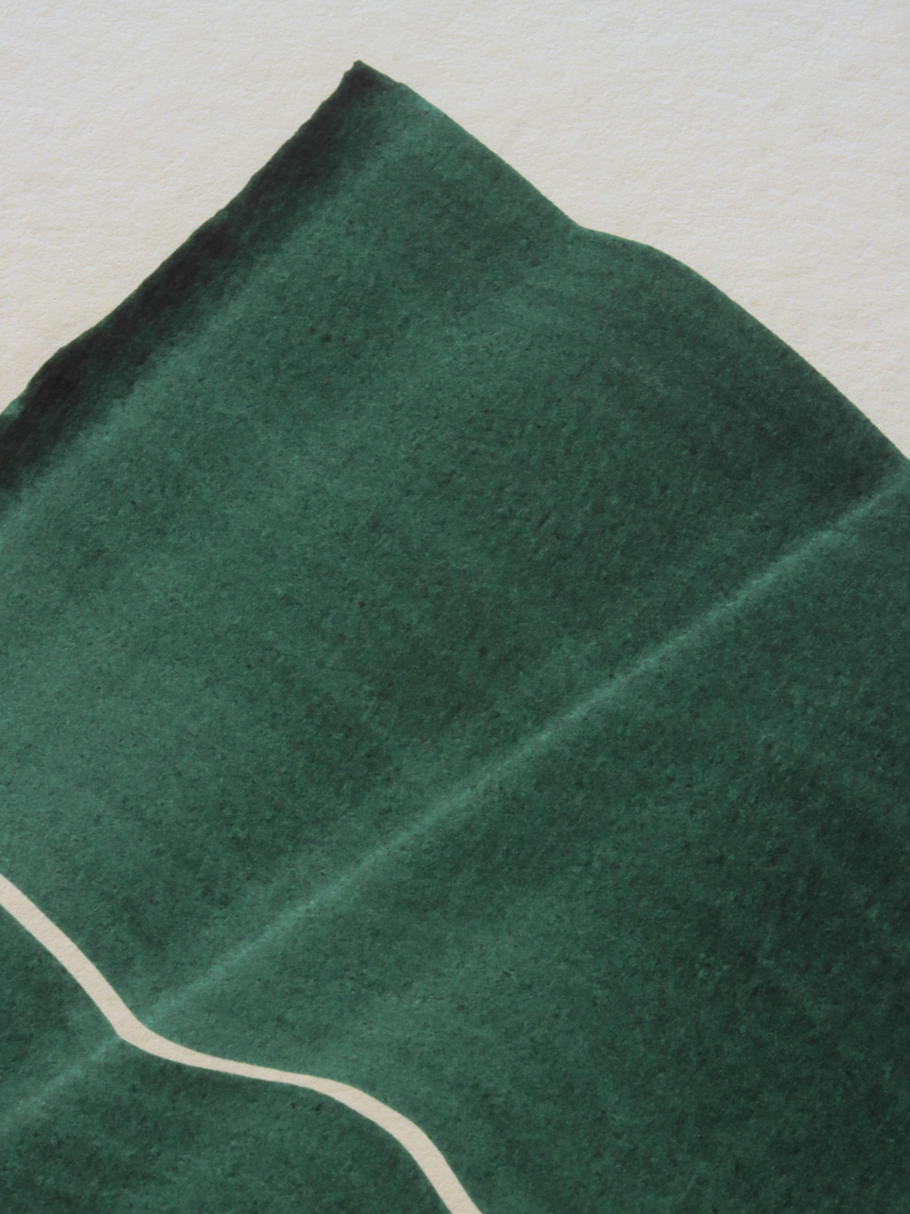 Dark green abstract painting, fine art print. Close-up detail shot of the high quality print, the textured bamboo paper, the curved shape and pattern, vibrant colours and fine detail.