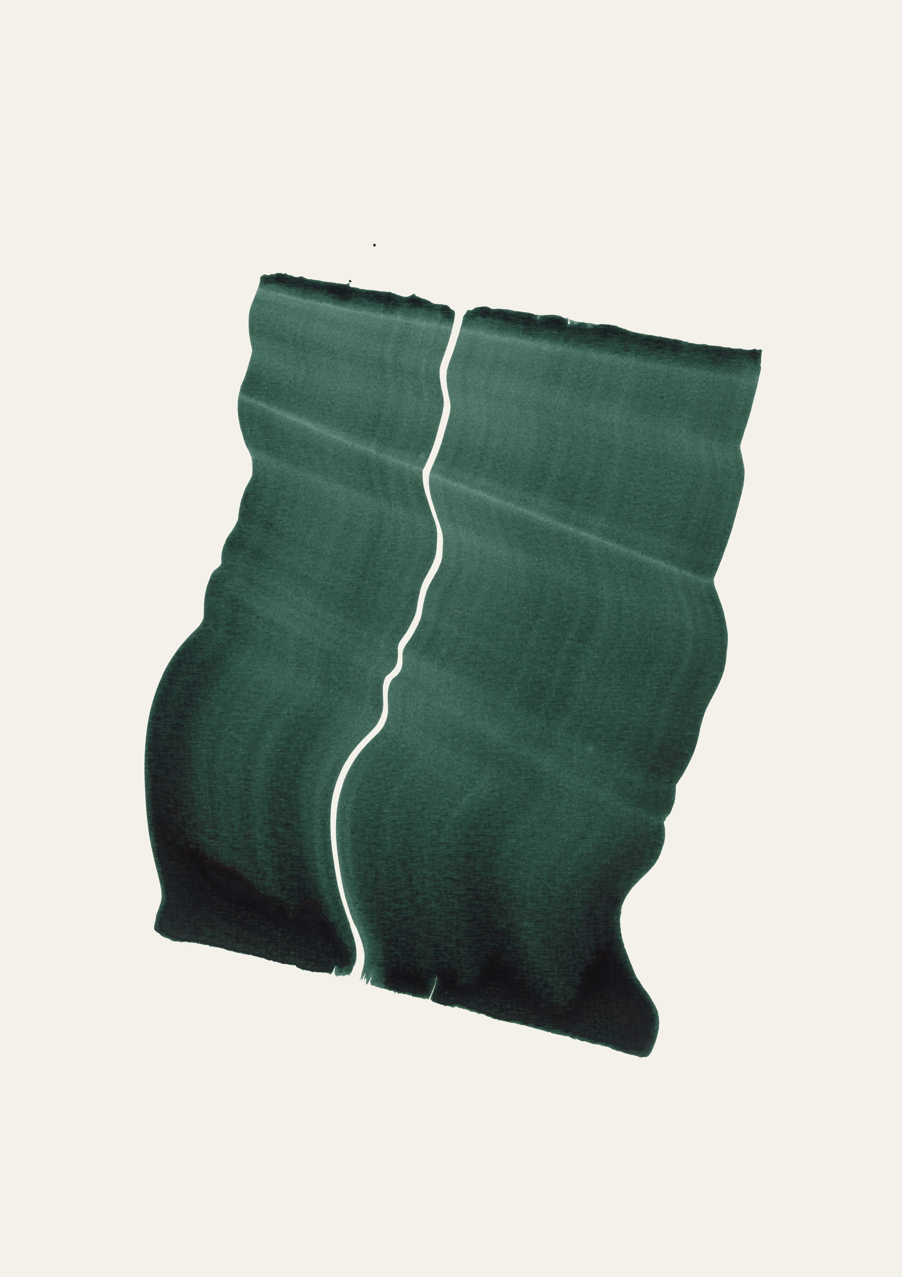Dark green abstract painting on a cream background with a minimal, gently flowing wave shape.