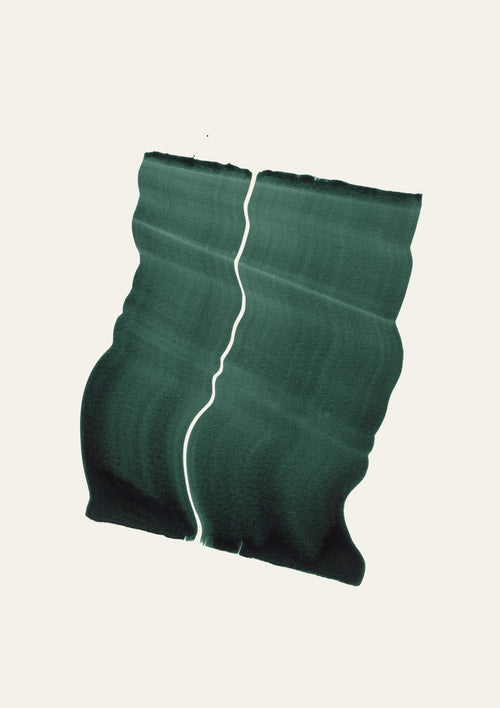 Dark green abstract painting on a cream background with a minimal, gently flowing wave shape.