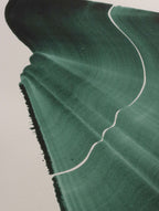 Dark green abstract painting, fine art print. Close-up detail shot of the high quality print, the textured bamboo paper, the curved shape and pattern, vibrant colours and fine detail.