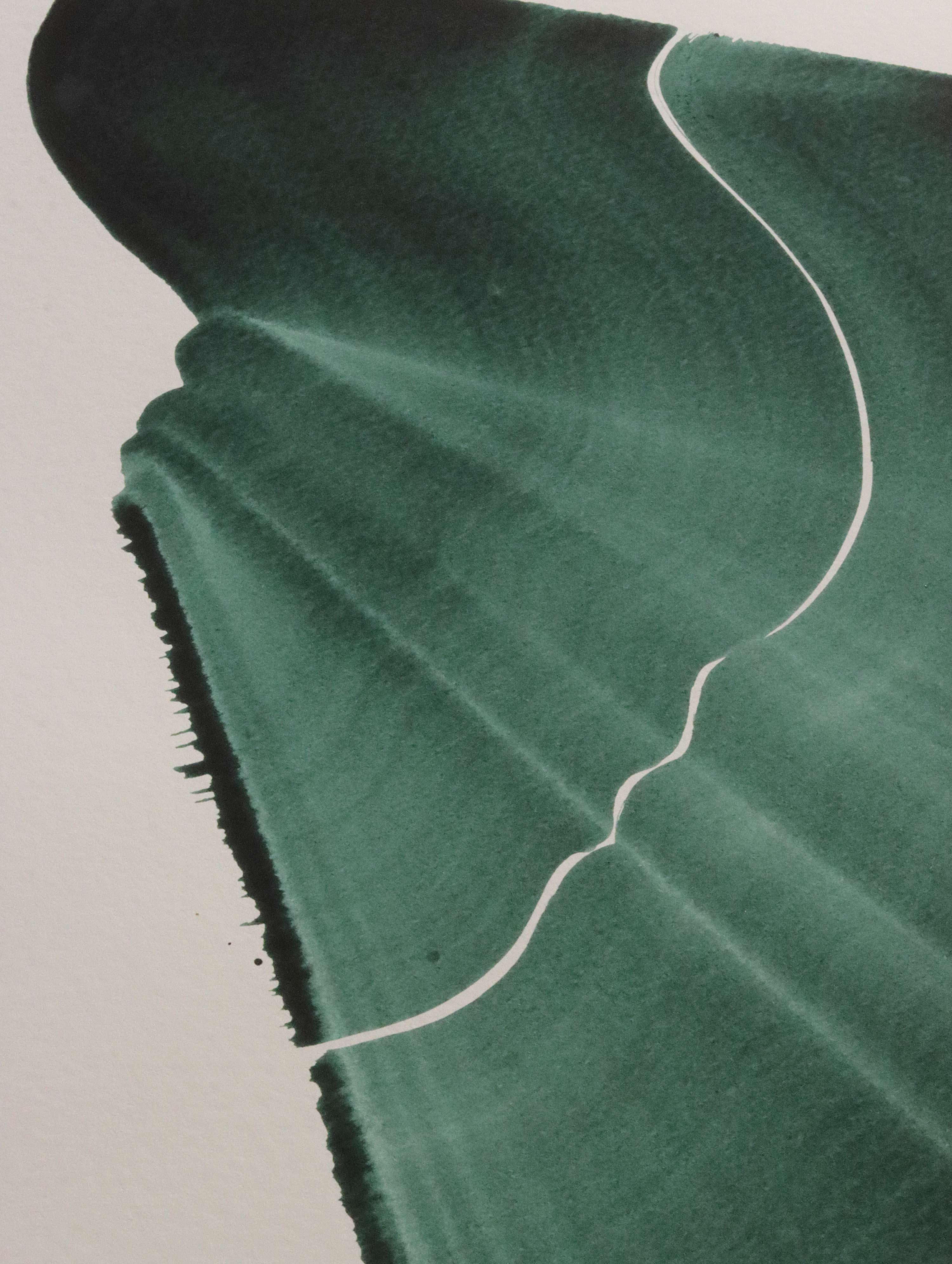 Dark green abstract painting, fine art print. Close-up detail shot of the high quality print, the textured bamboo paper, the curved shape and pattern, vibrant colours and fine detail.