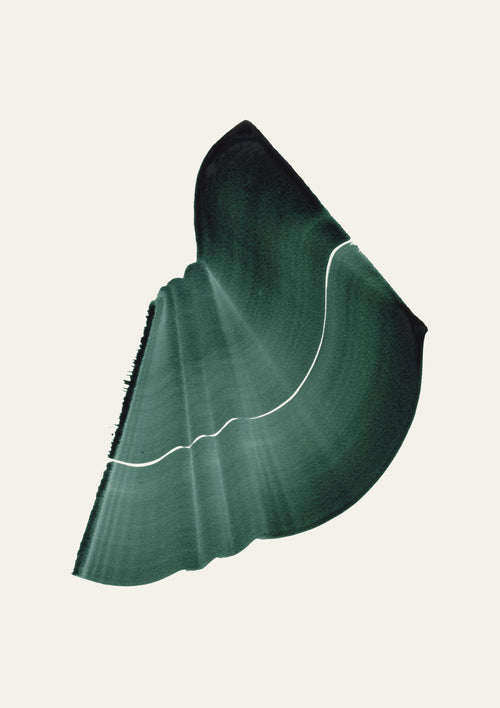 Dark green abstract painting with a flowing botanical leaf-like shape, on a cream background