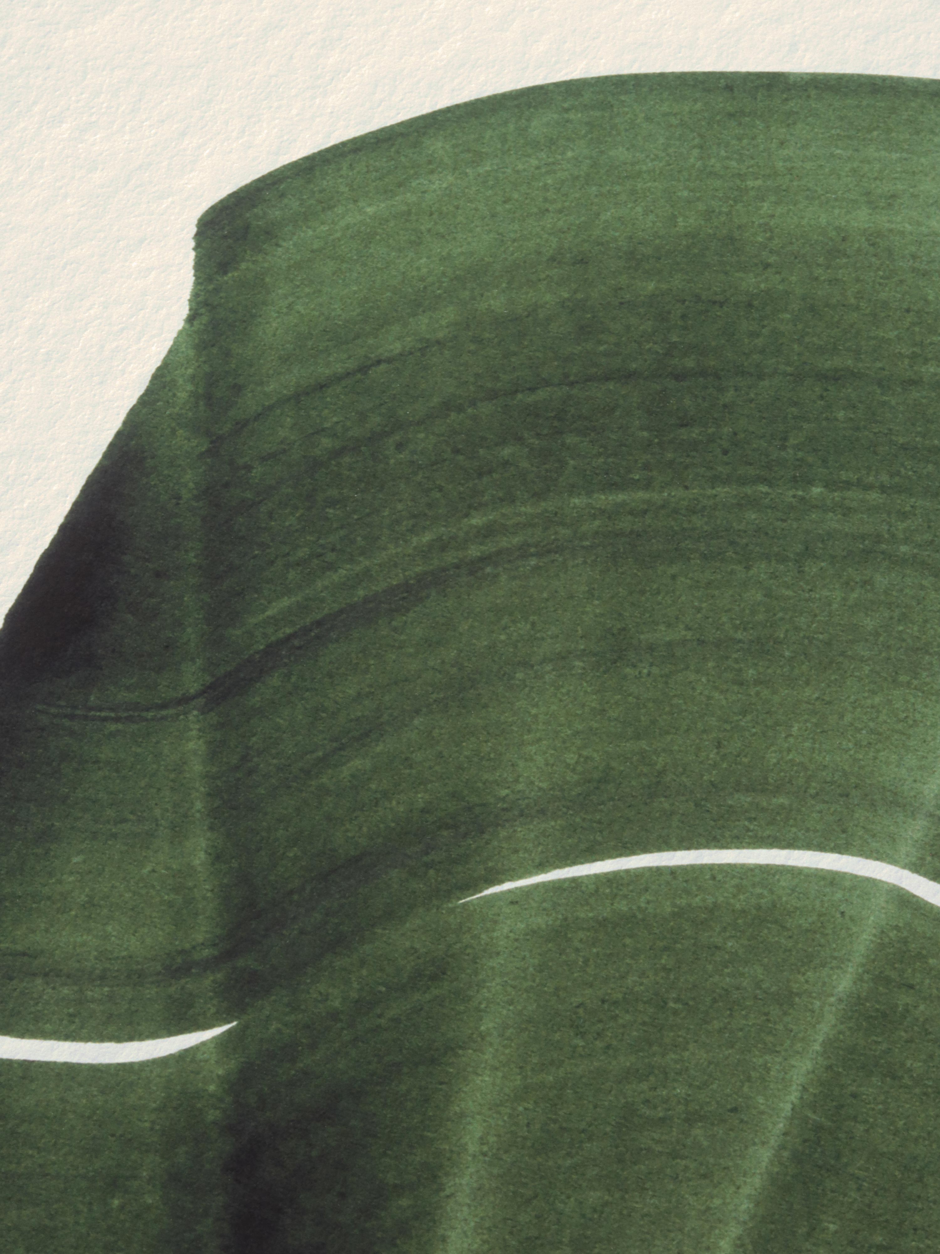 Green abstract painting, fine art print. Close-up detail shot of the high quality print, the textured bamboo paper, the curved shape and pattern, vibrant colours and fine detail.