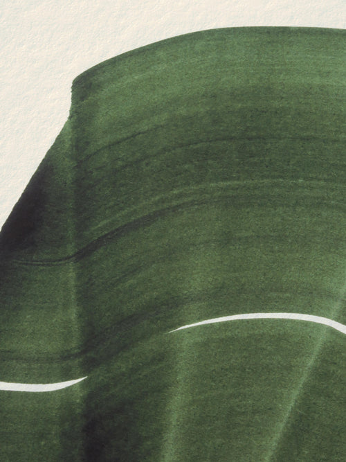 Green abstract painting, fine art print. Close-up detail shot of the high quality print, the textured bamboo paper, the curved shape and pattern, vibrant colours and fine detail.