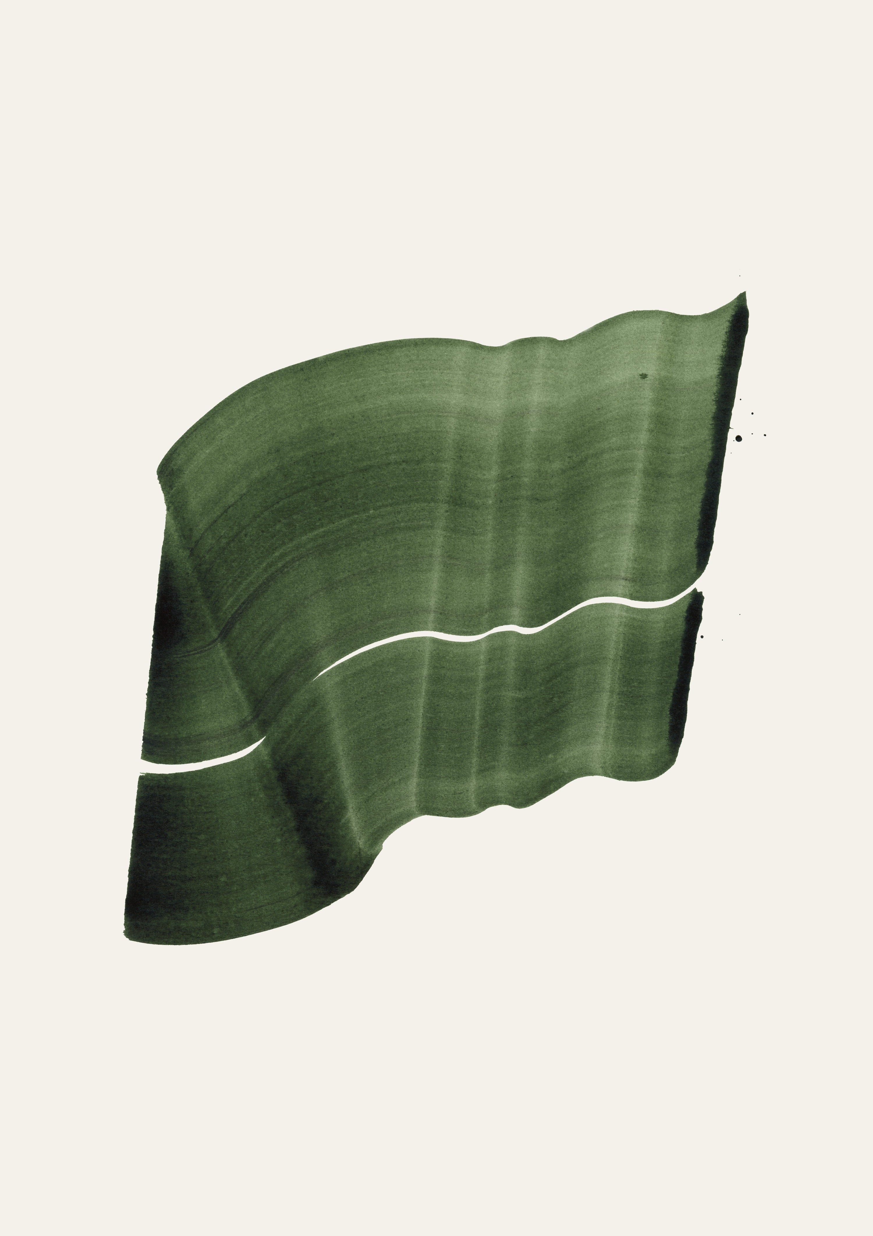 Green abstract painting with a flowing botanical leaf-like shape, on a cream background