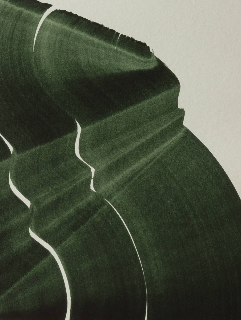 Dark green abstract painting, fine art print. Close-up detail shot of the high quality print, the textured bamboo paper, the curved shape and pattern, vibrant colours and fine detail.