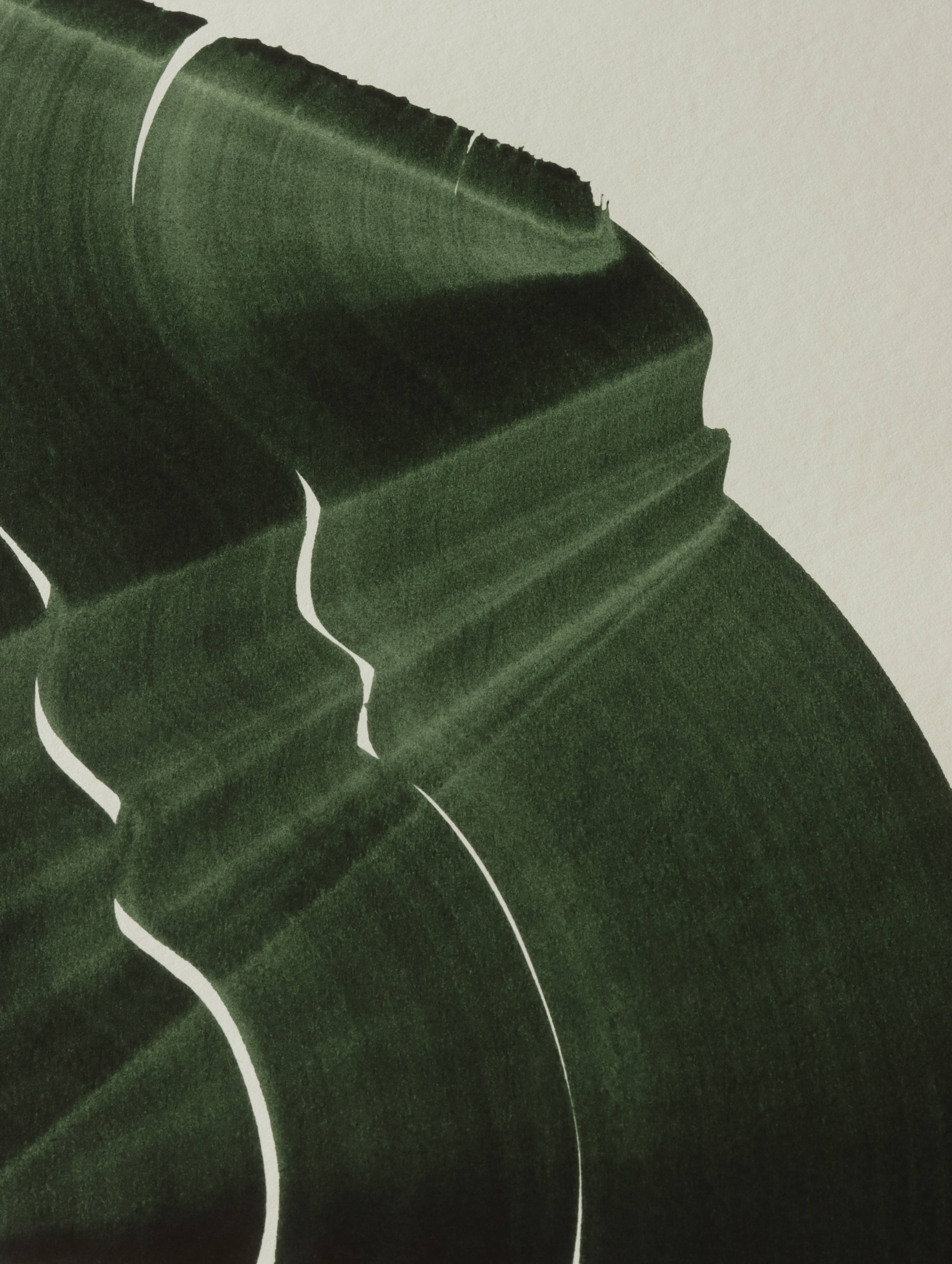 Dark green abstract painting, fine art print. Close-up detail shot of the high quality print, the textured bamboo paper, the curved shape and pattern, vibrant colours and fine detail.