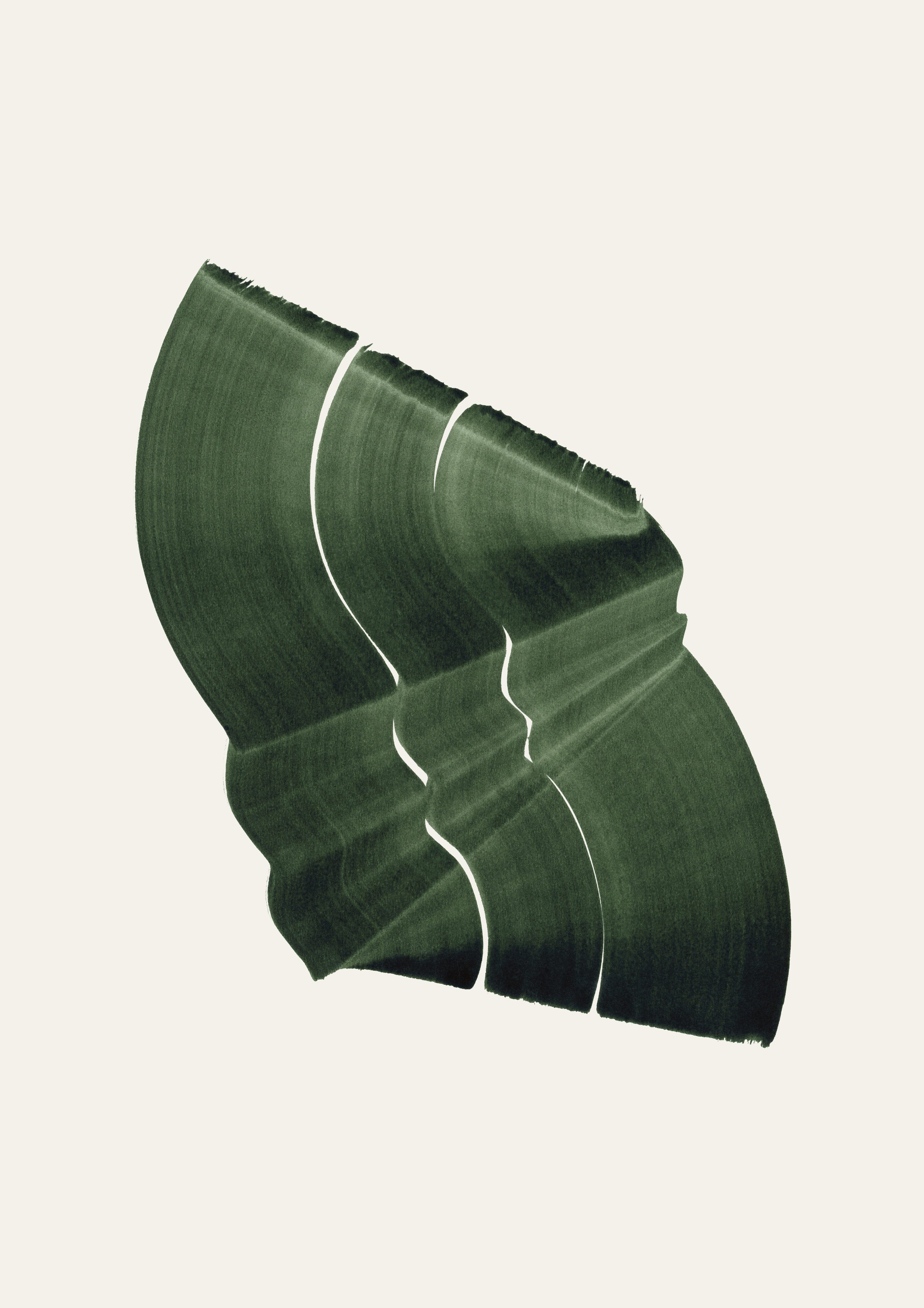 Green abstract painting with a flowing botanical leaf-like shape, on a cream background