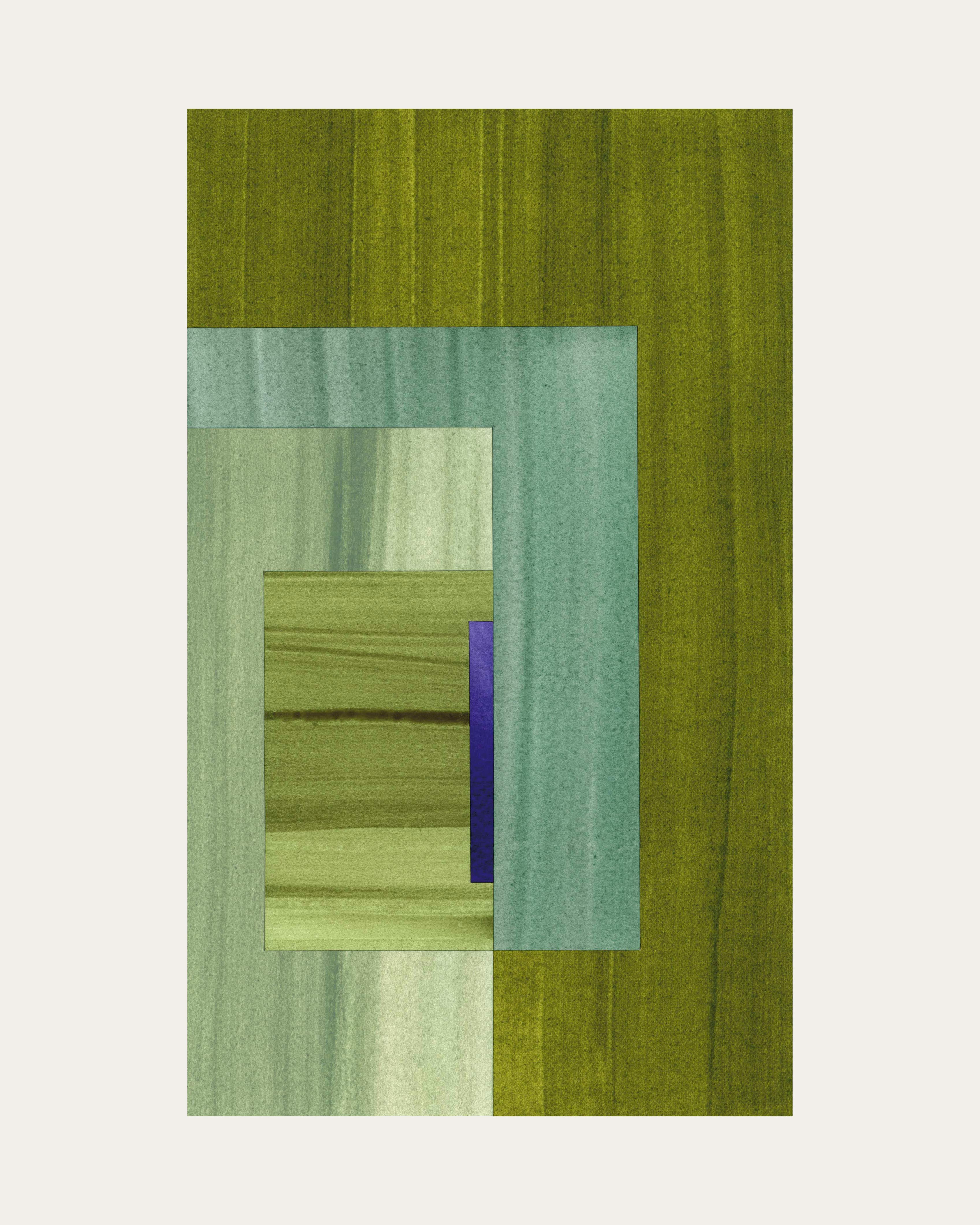 Geometric abstract artwork with olive green, sage green, turquoise and midnight blue colours