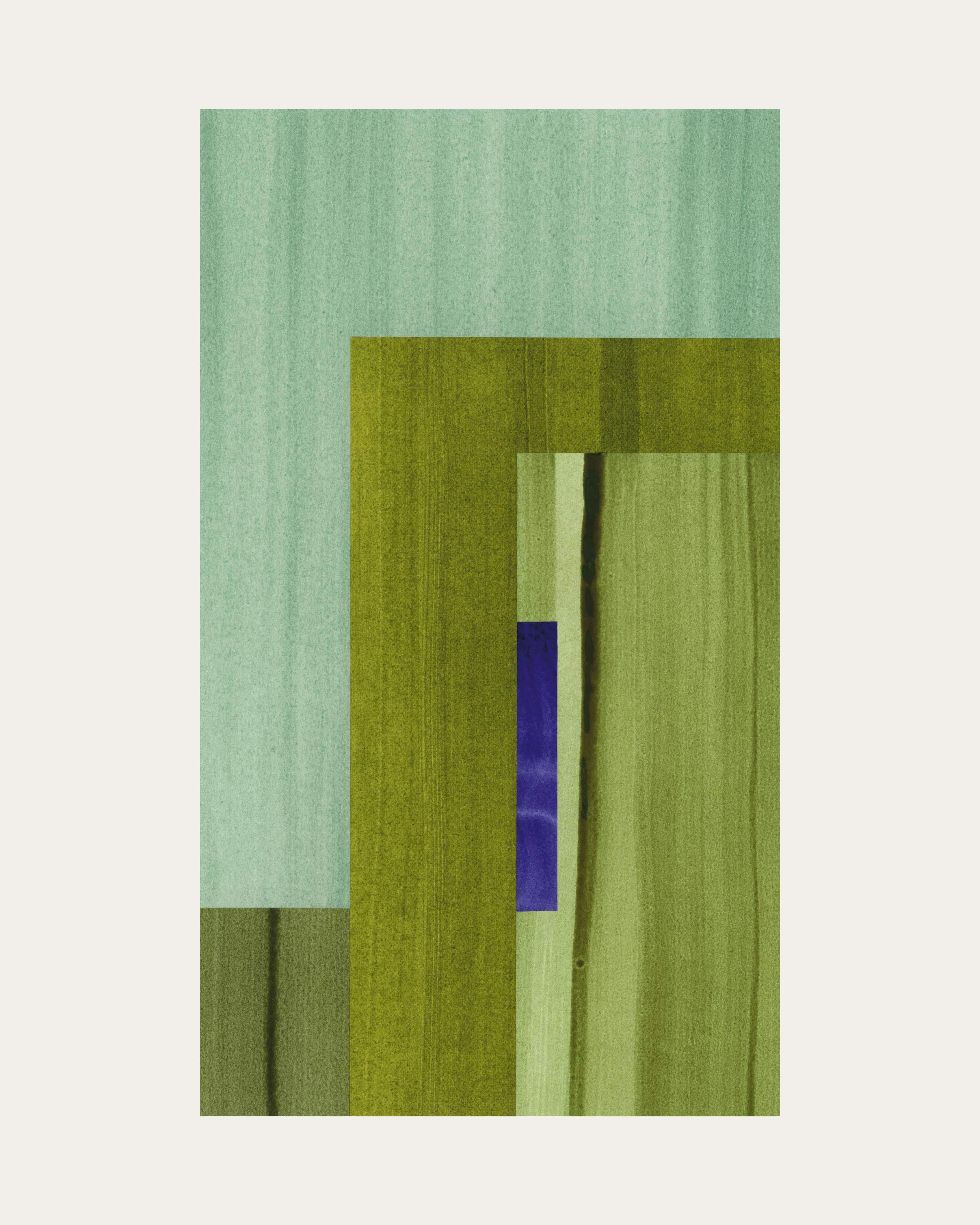 Geometric abstract artwork with olive green, sage green, turquoise and midnight blue colours