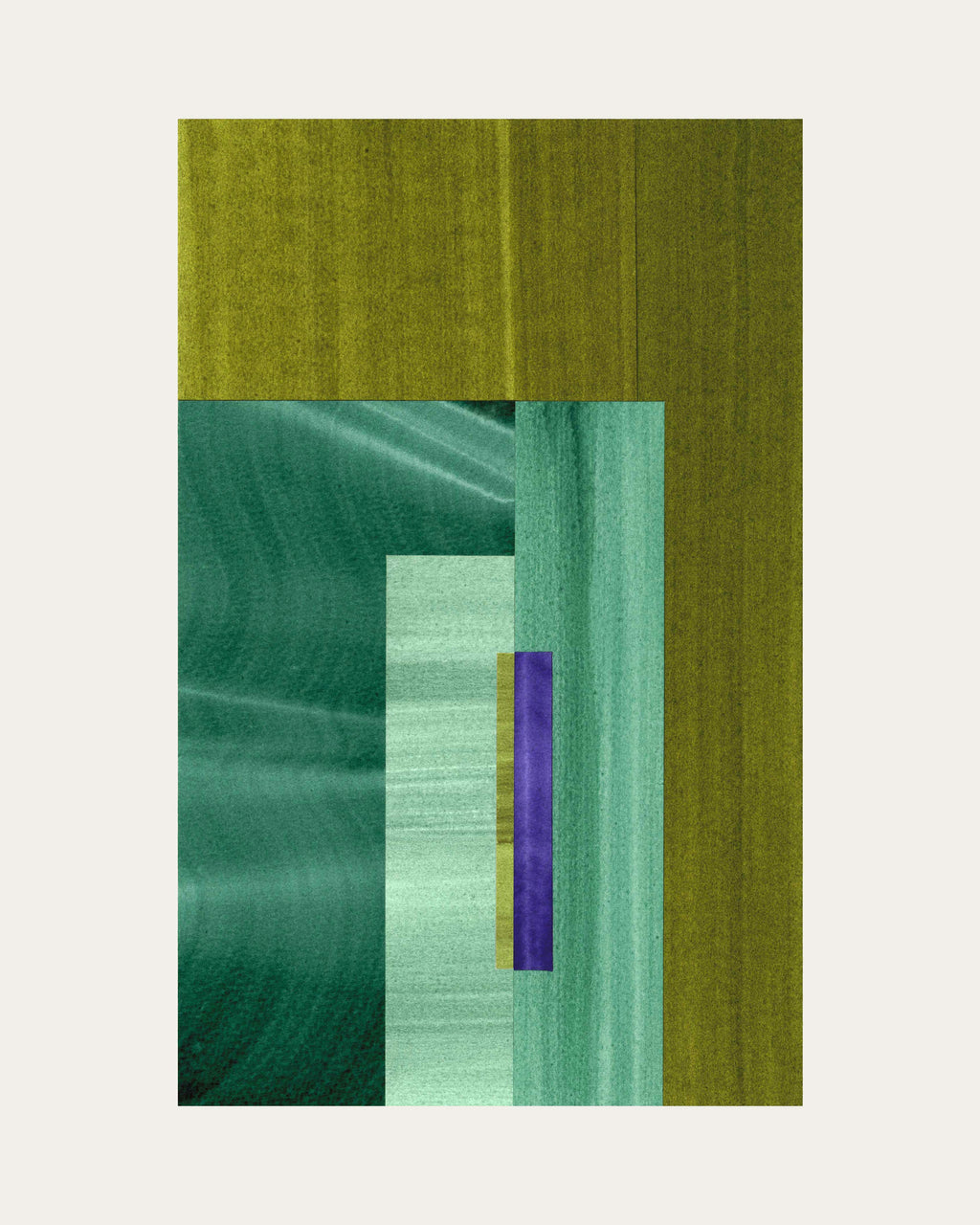 Geometric abstract artwork with olive green, turquoise and midnight blue colours