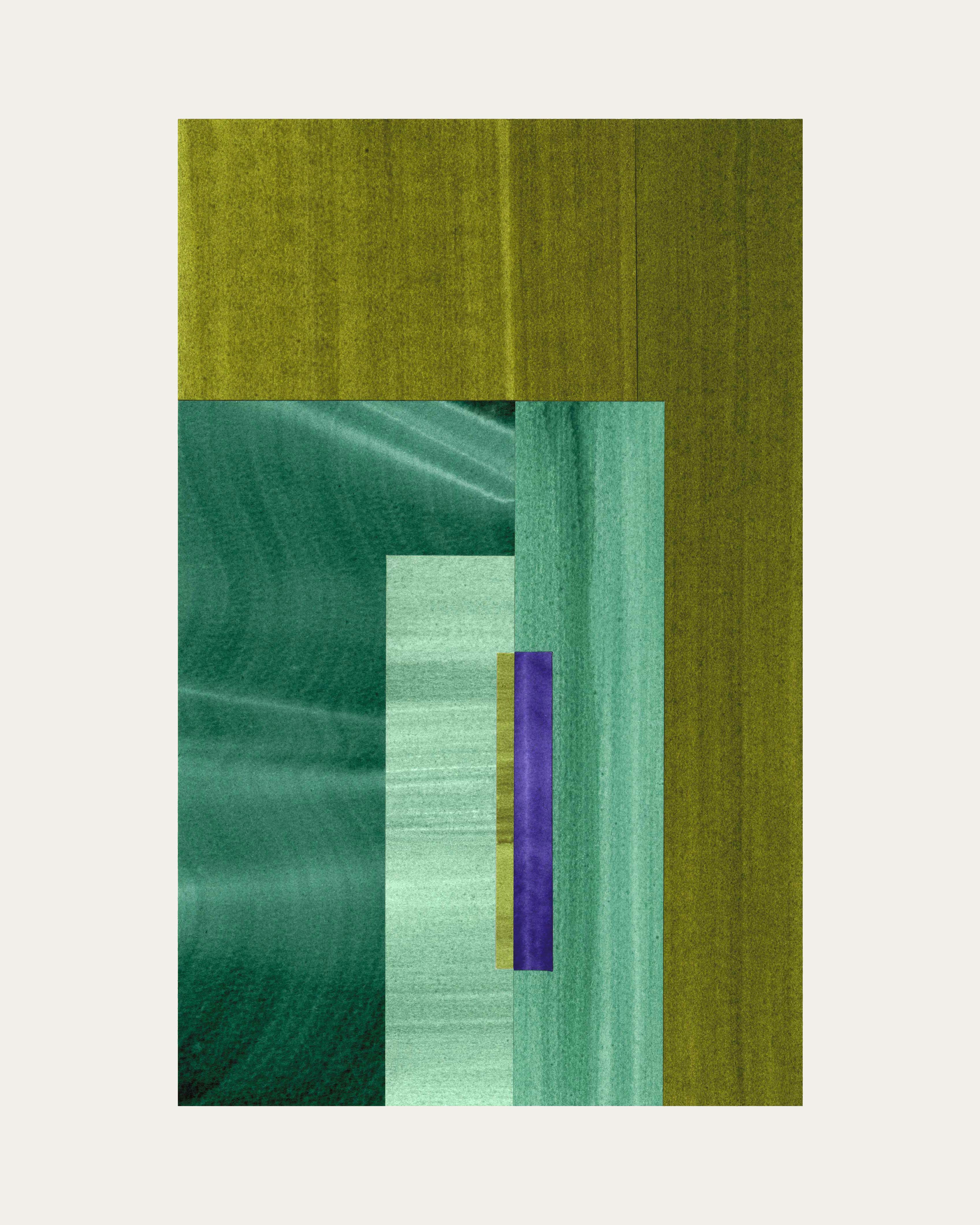 Geometric abstract artwork with olive green, turquoise and midnight blue colours