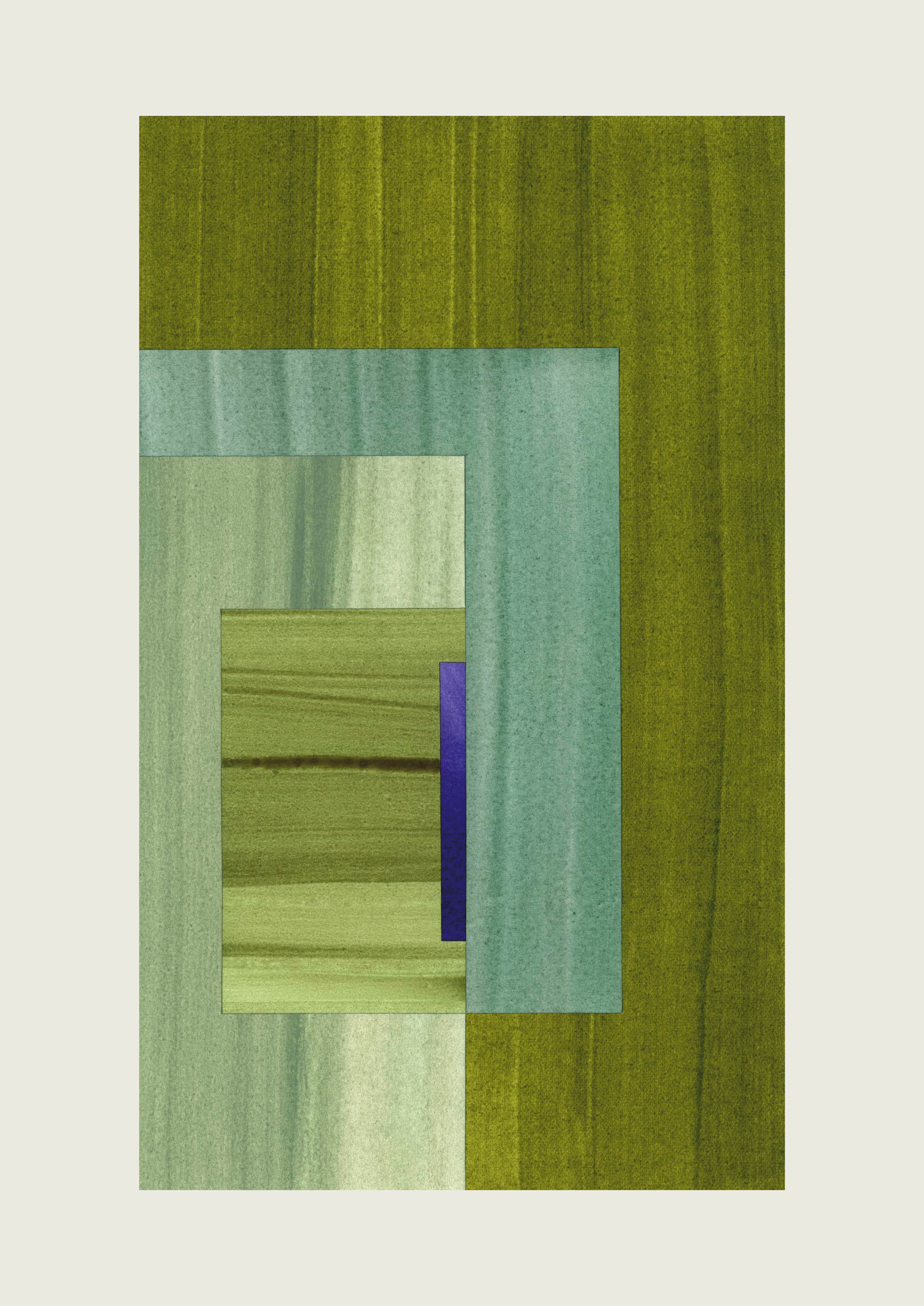 moss green and turquoise abstract artwork with geometric shapes