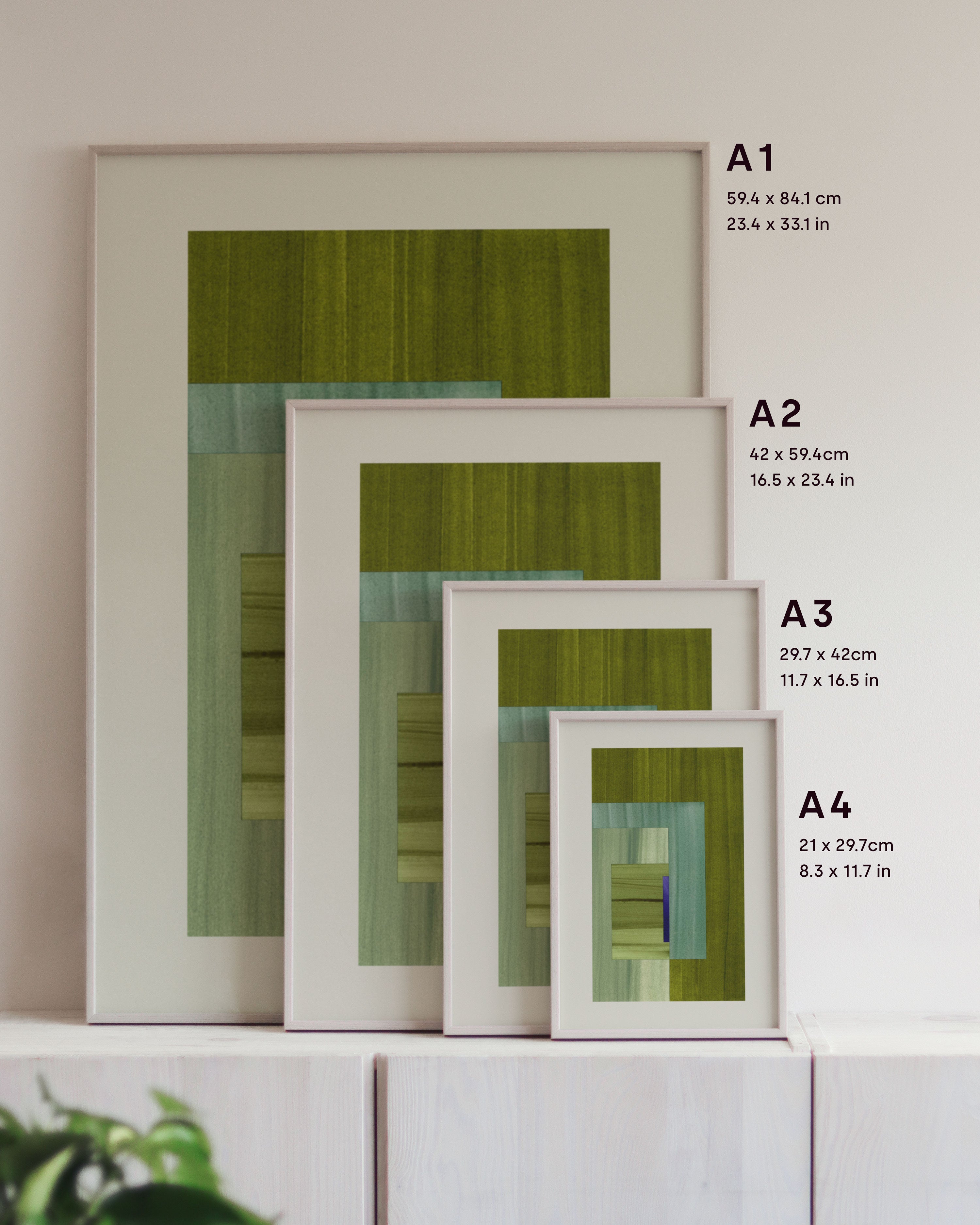 Framed geometric abstract art prints on a neutral background, showing in sizes A4, A3, A2 and A1.