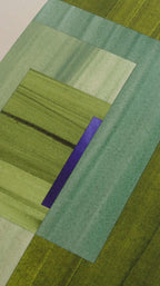 Geometric abstract artwork, fine art print. Close-up detail shot of abstract artwork with rectangular shapes in turquoise, moss green and blue showcasing the high quality and fine details.