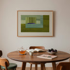 Mid century dining room with a wooden table, chairs, and a framed abstract artwork on the wall.