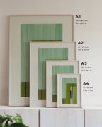 Framed geometric abstract art prints on a neutral background, showing in sizes A4, A3, A2 and A1.