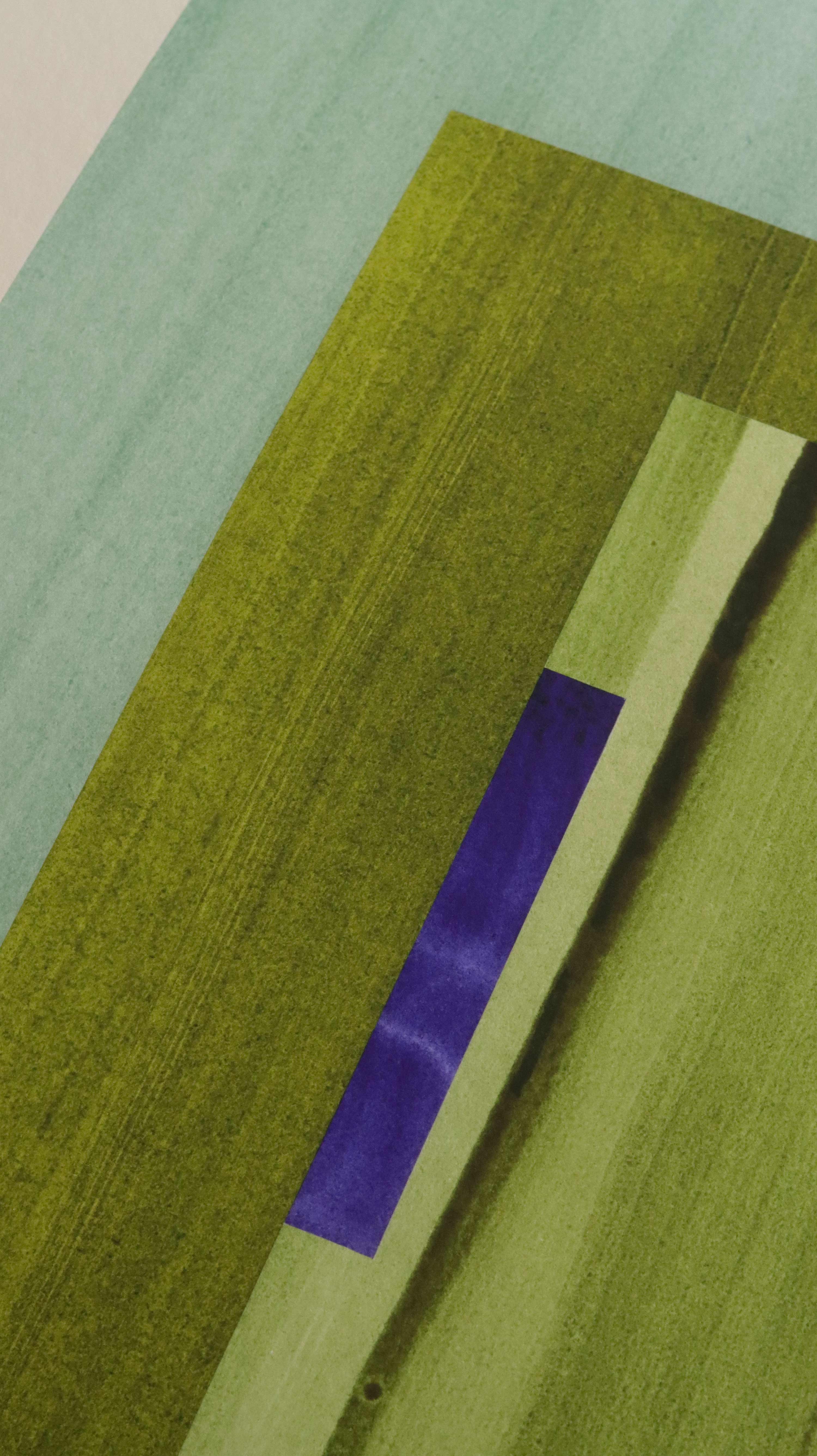 Geometric abstract artwork, fine art print. Close-up detail shot of abstract artwork with rectangular shapes in turquoise, and moss green and blue showcasing the high quality and fine details.