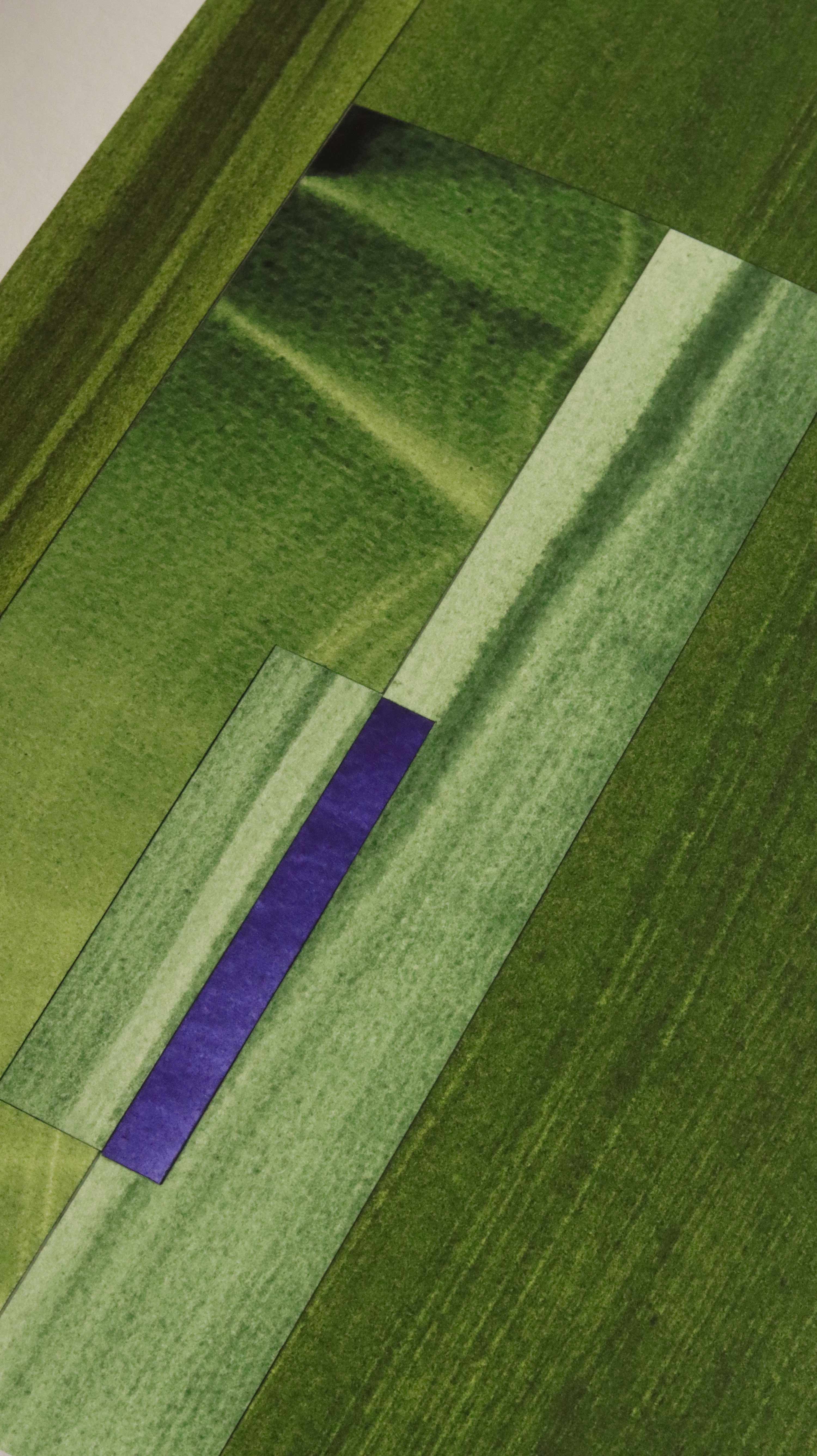 Geometric abstract artwork, fine art print. Close-up detail shot of abstract artwork with rectangular shapes in moss green, sage green and blue showcasing the high quality and fine details.