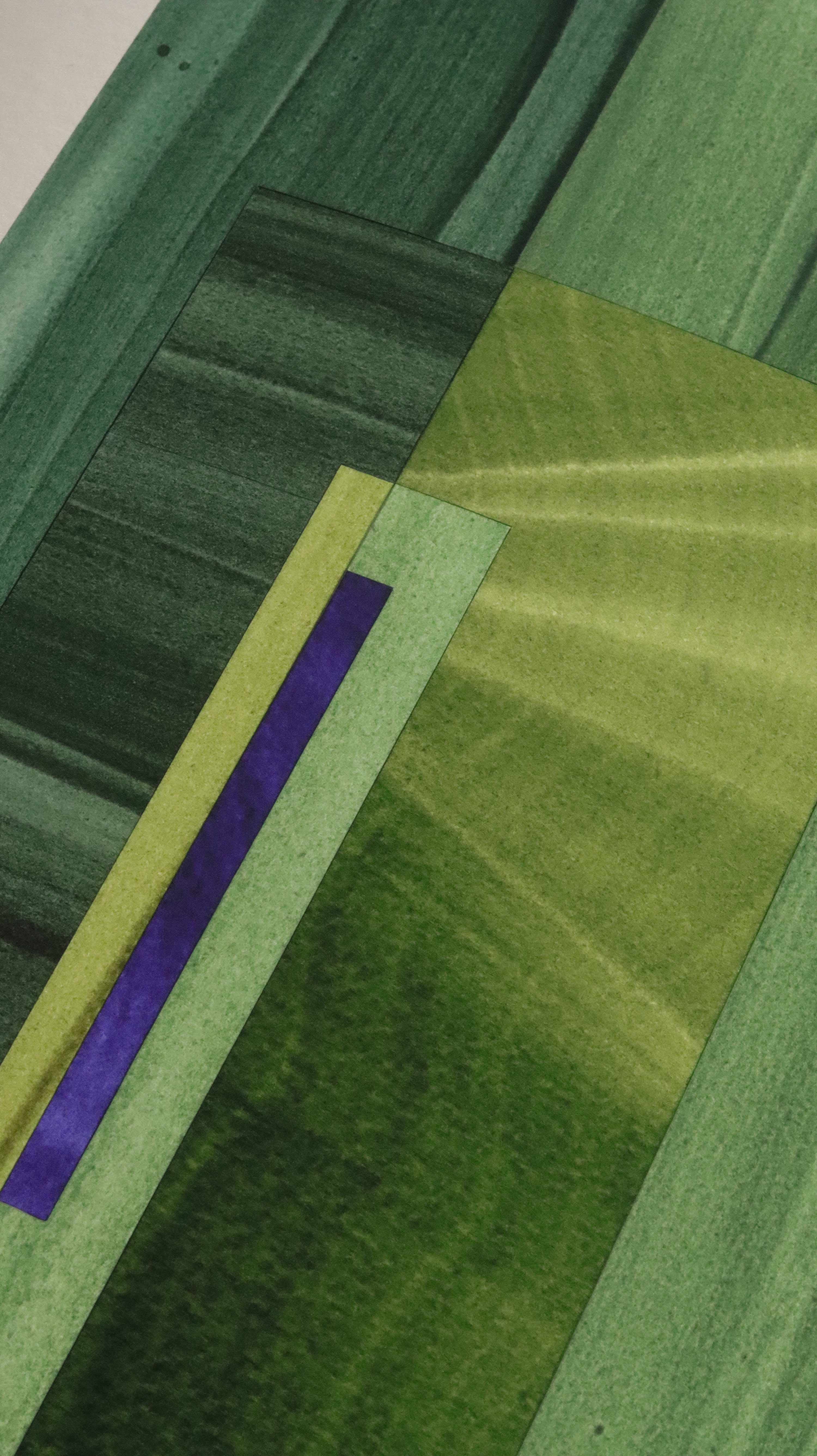 Geometric abstract artwork, fine art print. Close-up detail shot of abstract artwork with rectangular shapes in green and blue showcasing the high quality and fine details.