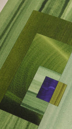 Geometric abstract artwork, fine art print. Close-up detail shot of abstract artwork with rectangular shapes in moss green and blue showcasing the high quality and fine details.
