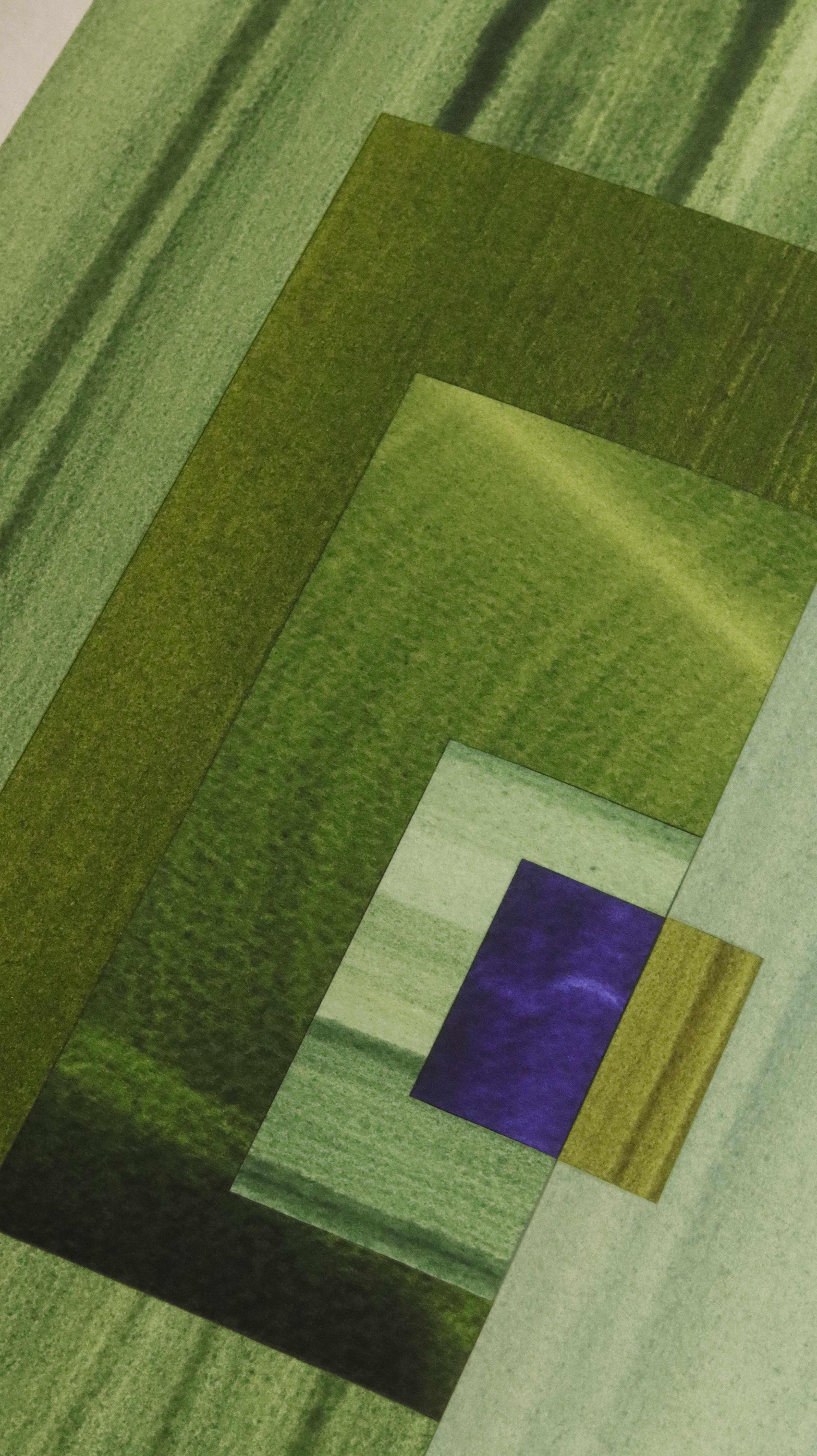 Geometric abstract artwork, fine art print. Close-up detail shot of abstract artwork with rectangular shapes in moss green and blue showcasing the high quality and fine details.