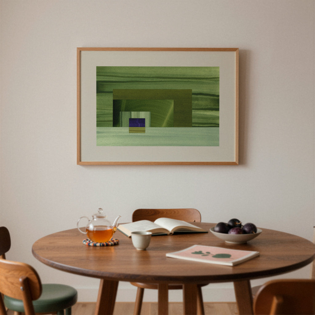 Mid century dining room with a wooden table, chairs, and a framed green abstract artwork on the wall.