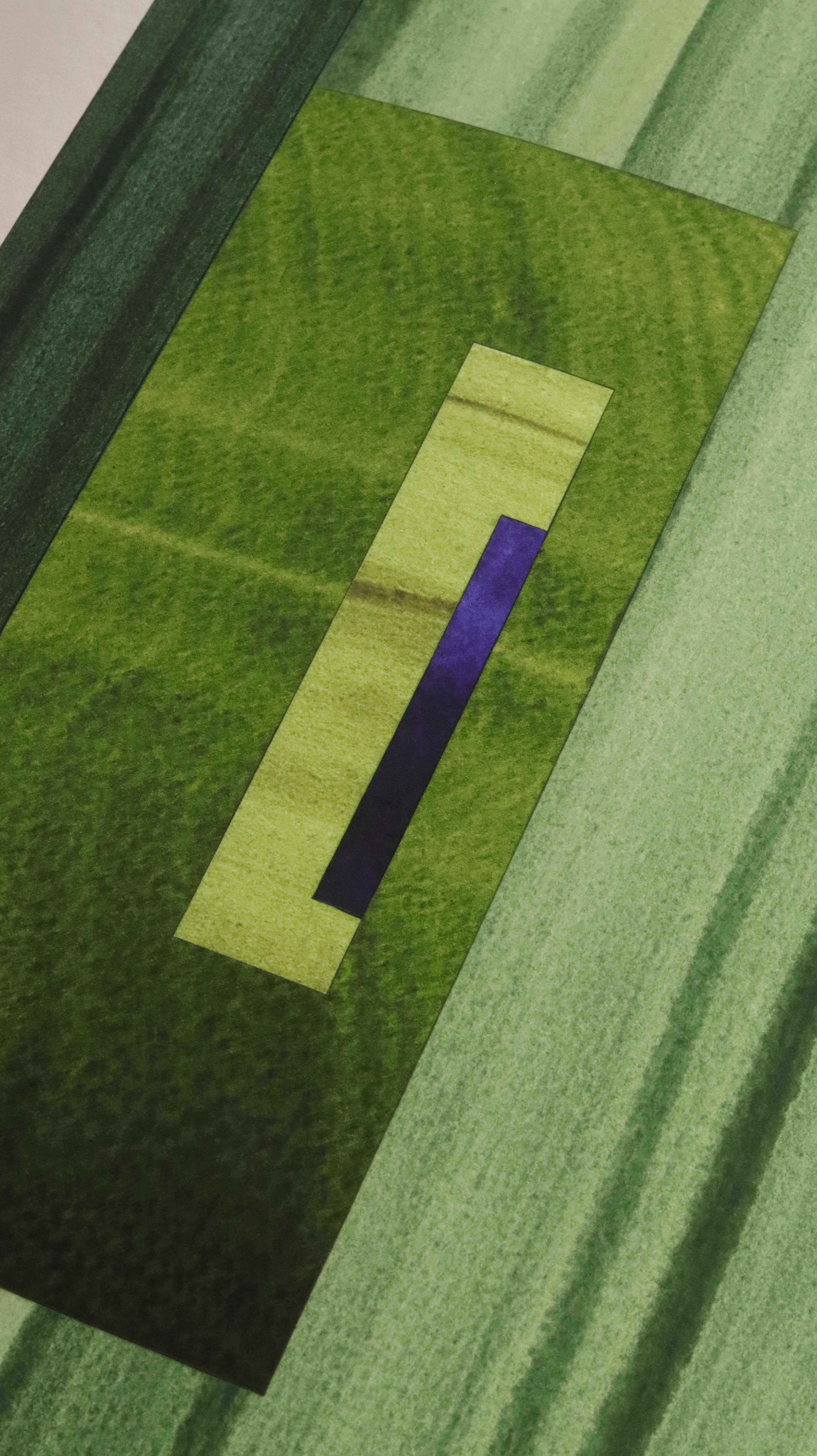 Geometric abstract artwork, fine art print. Close-up detail shot of abstract artwork with rectangular shapes in grass and moss green and blue showcasing the high quality and fine details.