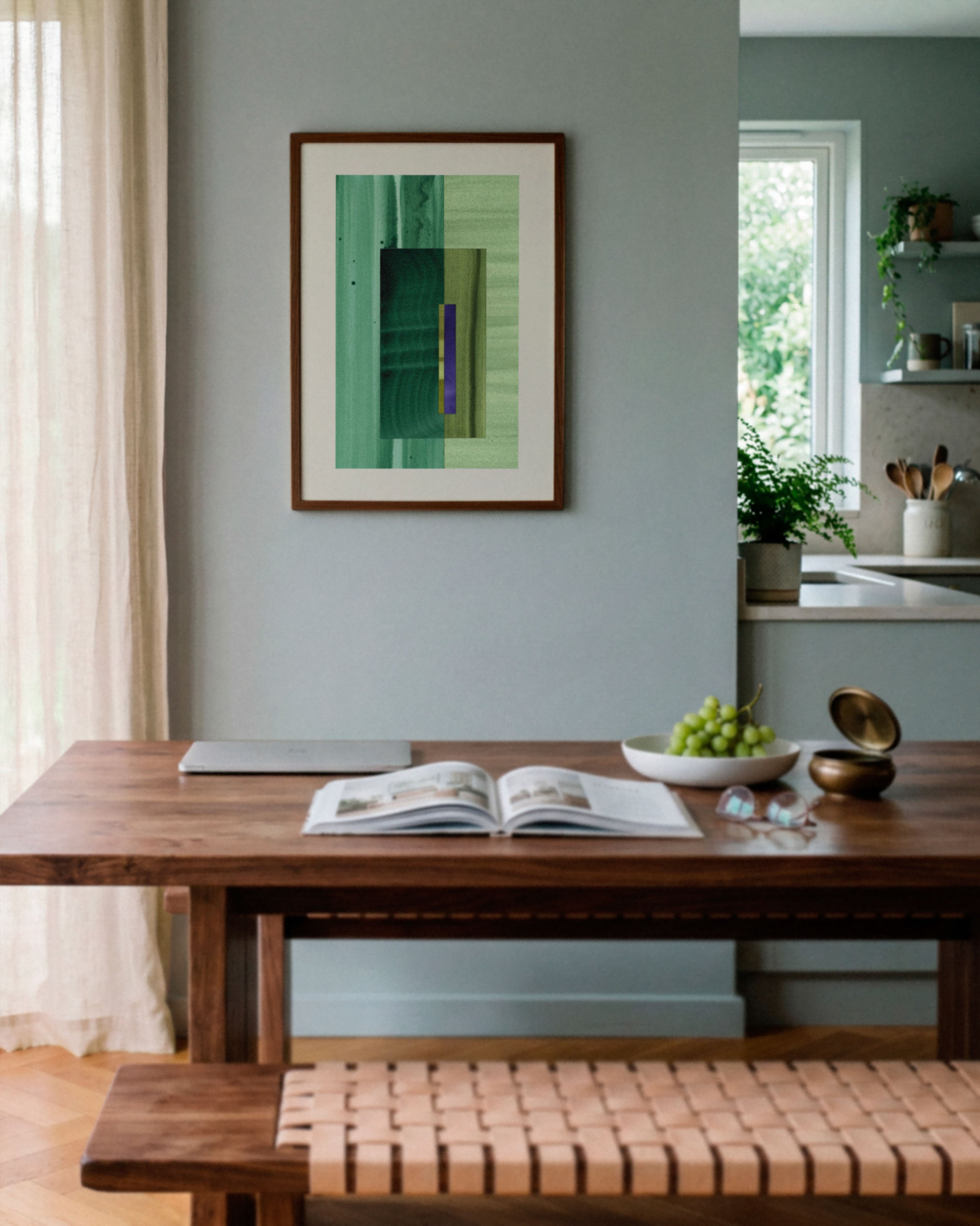 Sky blue dining room with walnut wooden table, and green abstract art on the wall.