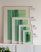 Framed green abstract art prints on a neutral background, showing in sizes A4, A3, A2 and A1.