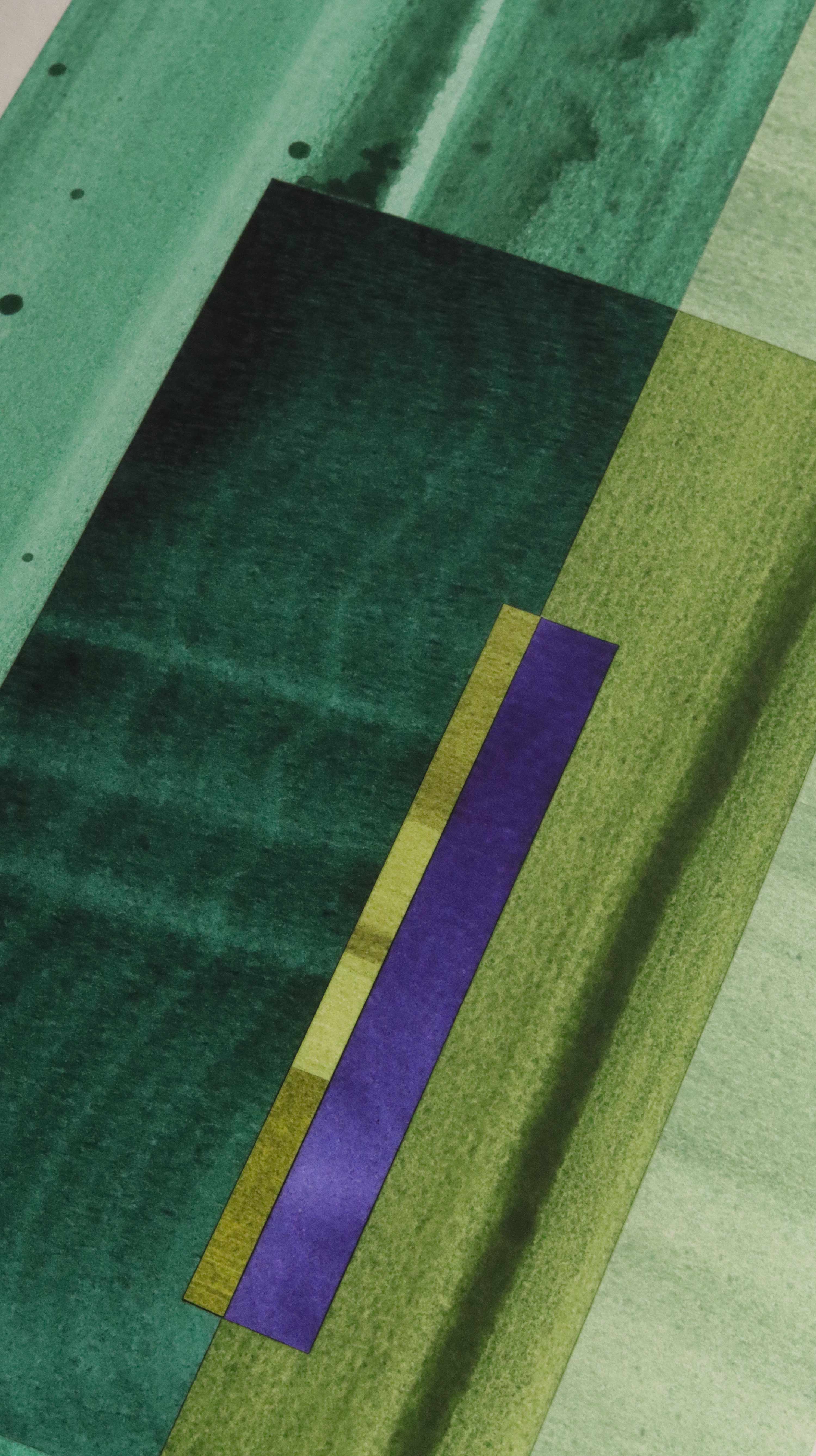 Geometric abstract artwork, fine art print. Close-up detail shot of abstract artwork with rectangular shapes in turquoise,  green and blue showcasing the high quality and fine details.
