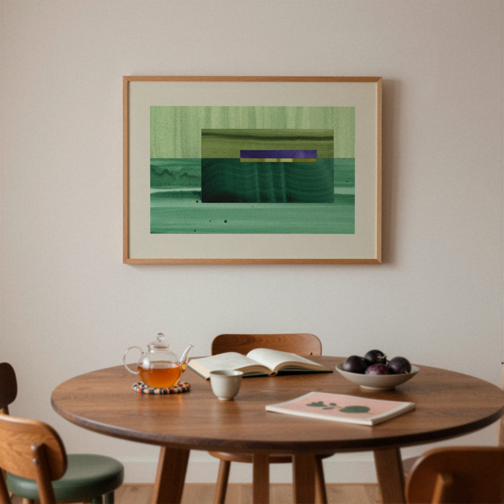Mid century dining room with a wooden table, chairs, and a framed green abstract artwork on the wall.