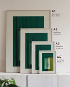 Framed green abstract art prints on a neutral background, showing in sizes A4, A3, A2 and A1.