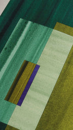 Geometric abstract artwork, fine art print. Close-up detail shot of abstract artwork with rectangular shapes in turquoise, moss green and blue showcasing the high quality and fine details.