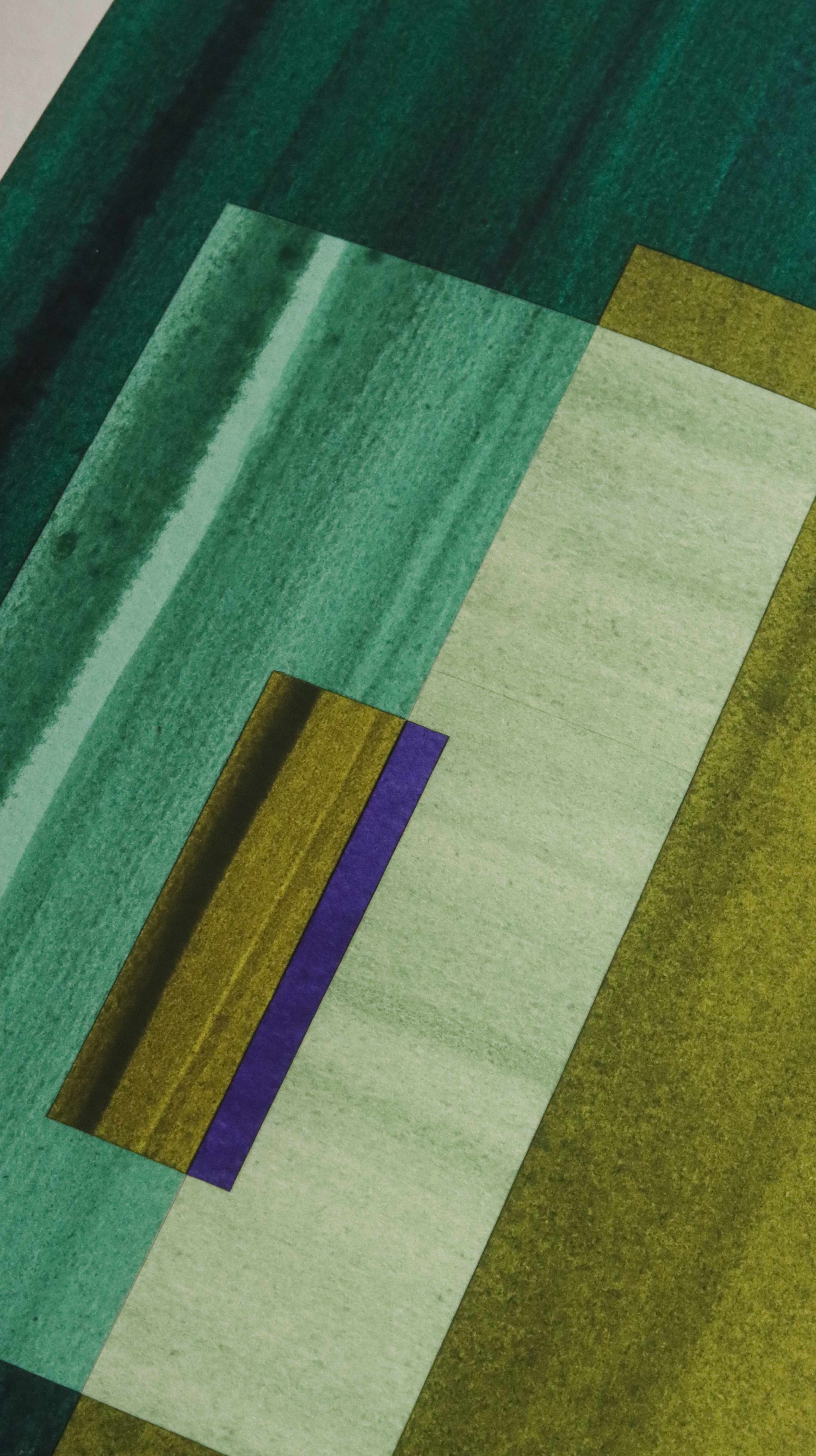 Geometric abstract artwork, fine art print. Close-up detail shot of abstract artwork with rectangular shapes in turquoise, moss green and blue showcasing the high quality and fine details.
