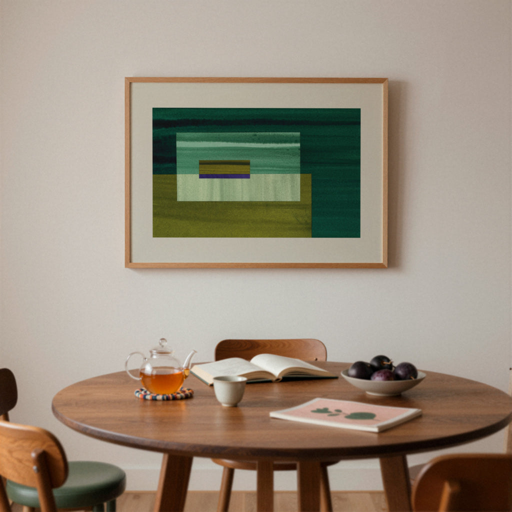 Mid century dining room with a wooden table, chairs, and a framed abstract artwork on the wall.