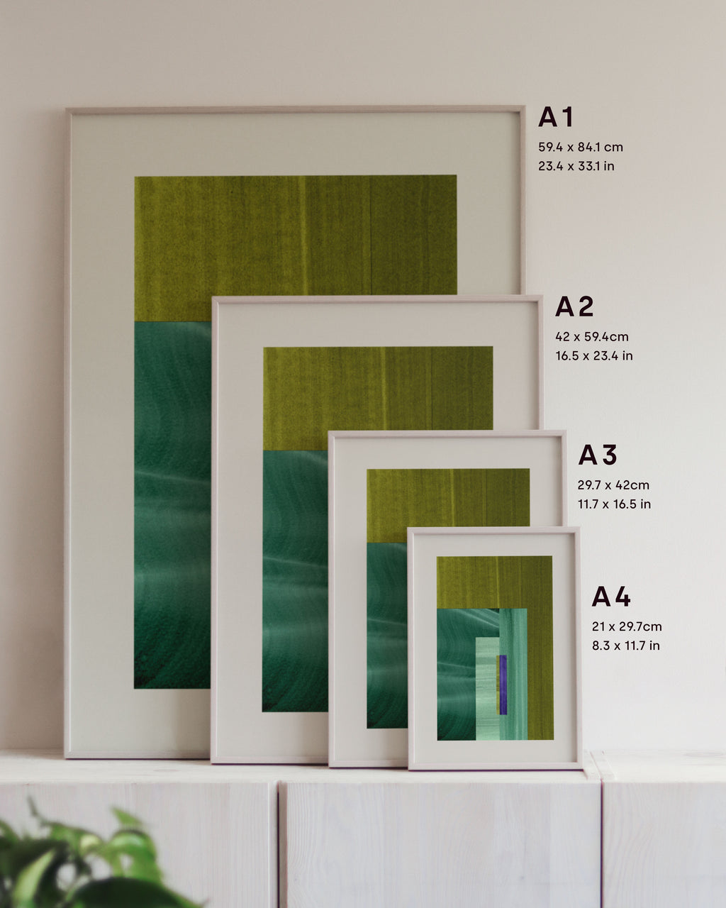 Framed geometric abstract art prints on a neutral background, showing in sizes A4, A3, A2 and A1.