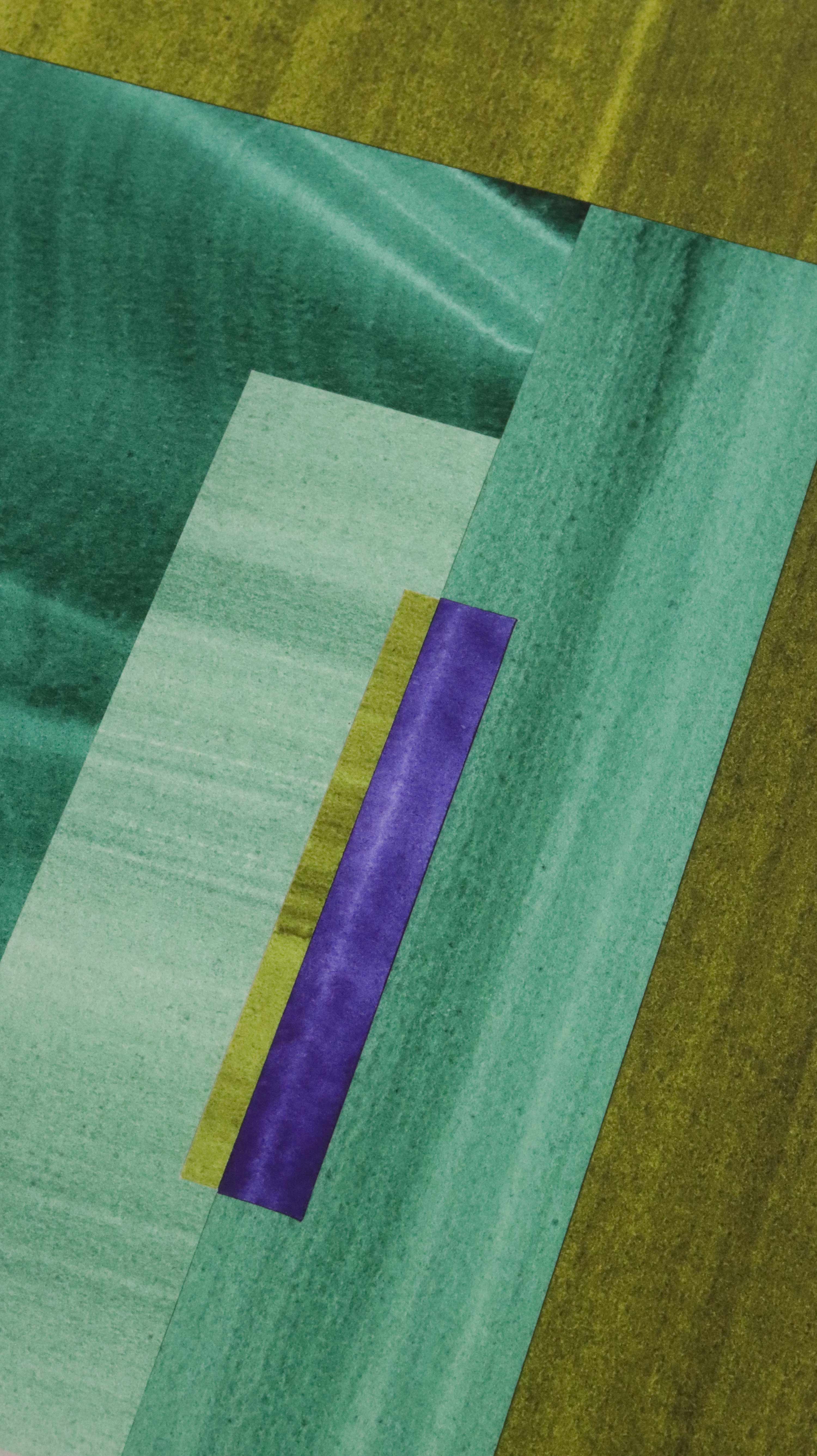 Geometric abstract artwork, fine art print. Close-up detail shot of abstract artwork with rectangular shapes in turquoise, moss green and blue showcasing the high quality and fine details.