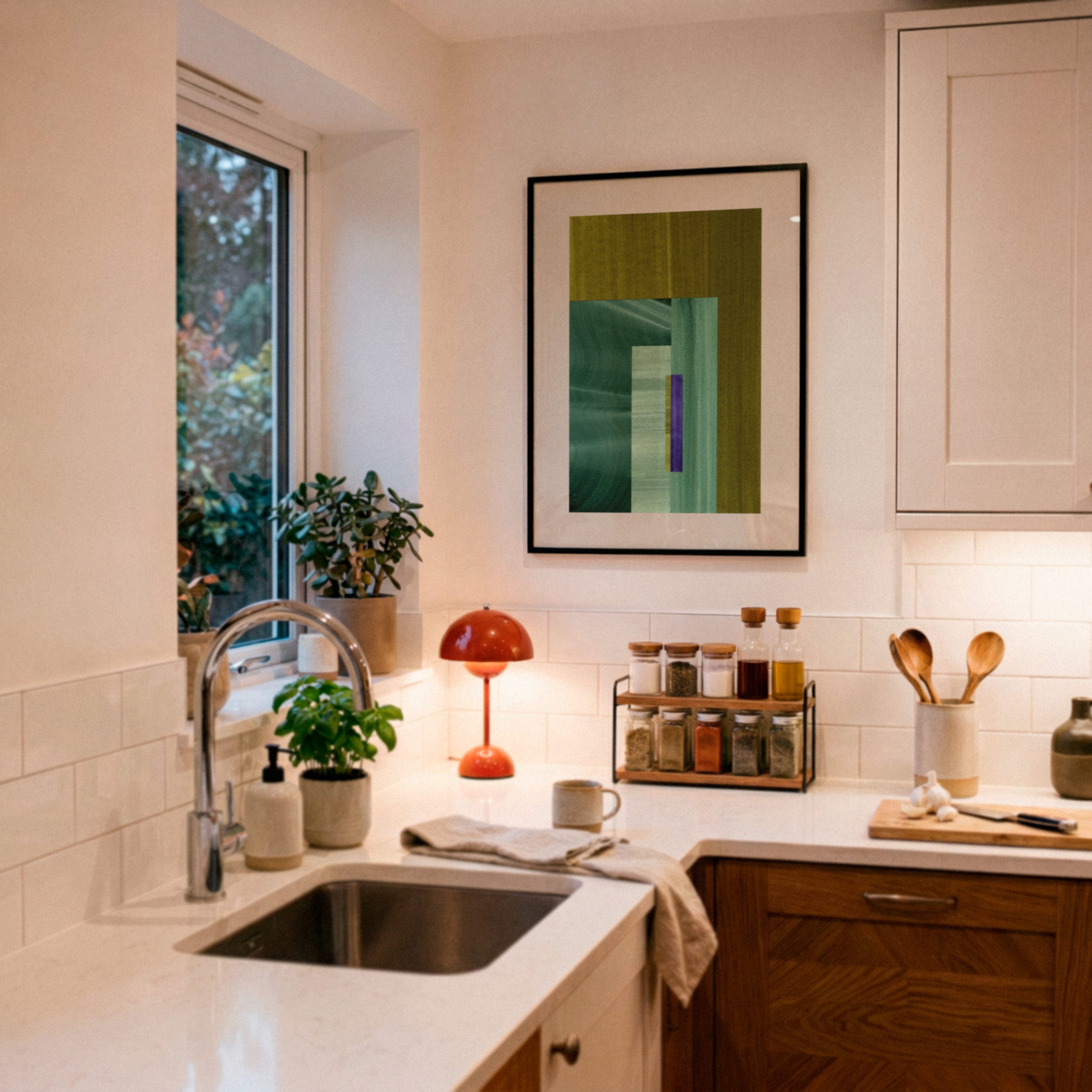 Modern clean white kitchen with wooden cabinets, and a large green abstract artwork on the wall