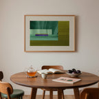 Mid century dining room with a wooden table, chairs, and a framed abstract artwork on the wall.