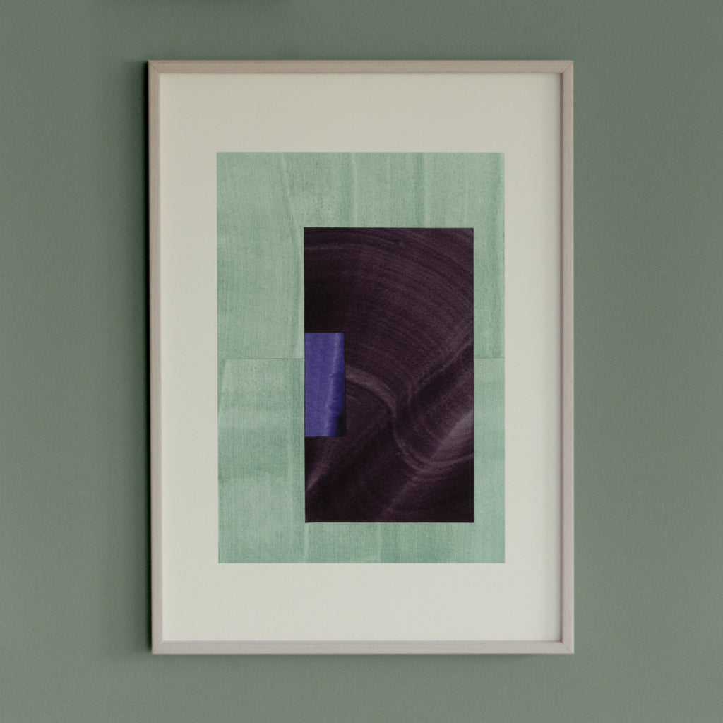 Geometric abstract artwork with turquoise, blue and aubergine purple colours, in a thin white oak wooden frame on a teal/aquamarine grey wall