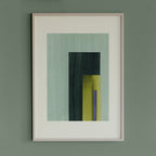 Geometric abstract artwork with turquoise, green and blue/purple colours, in a thin white oak wooden frame on a teal/aquamarine grey wall